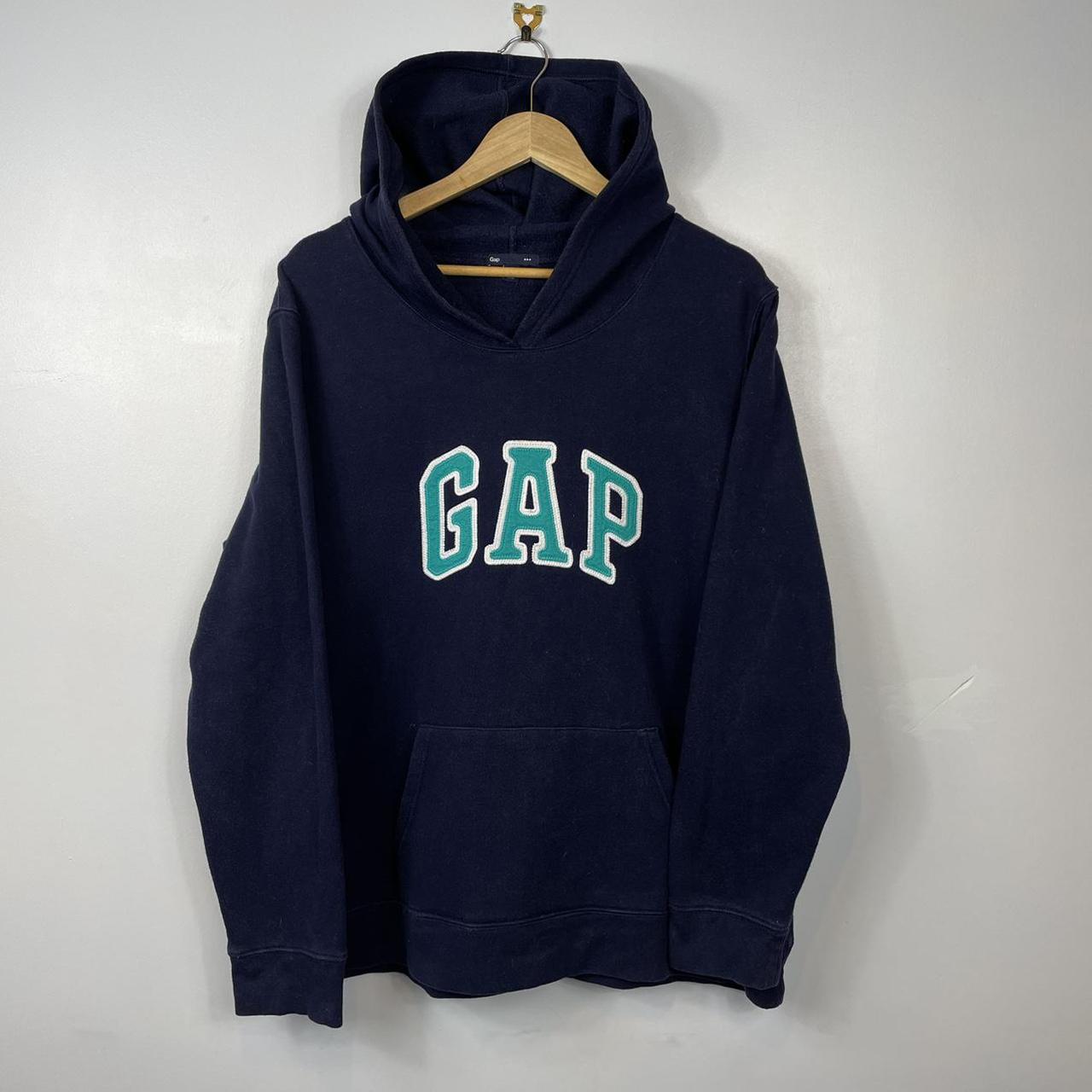 Vintage Gap Hoodie Embroidered Spell Out, Navy... - Depop