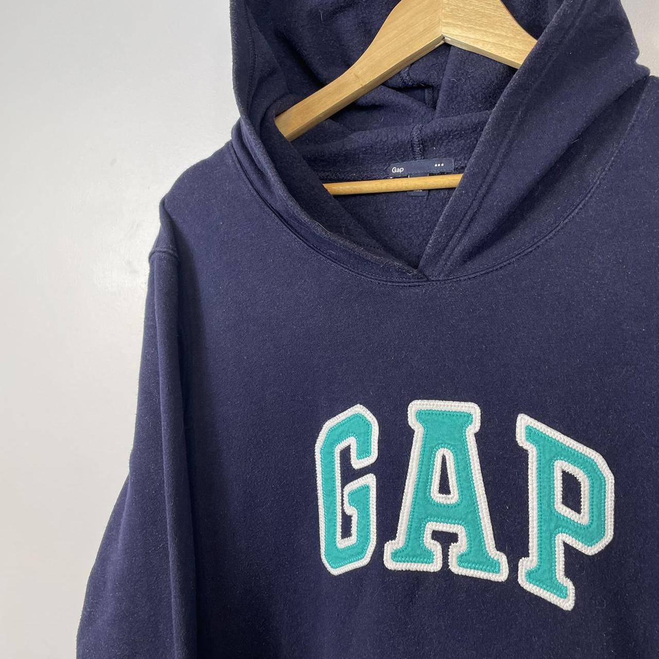Vintage Gap Hoodie Embroidered Spell Out, Navy... - Depop