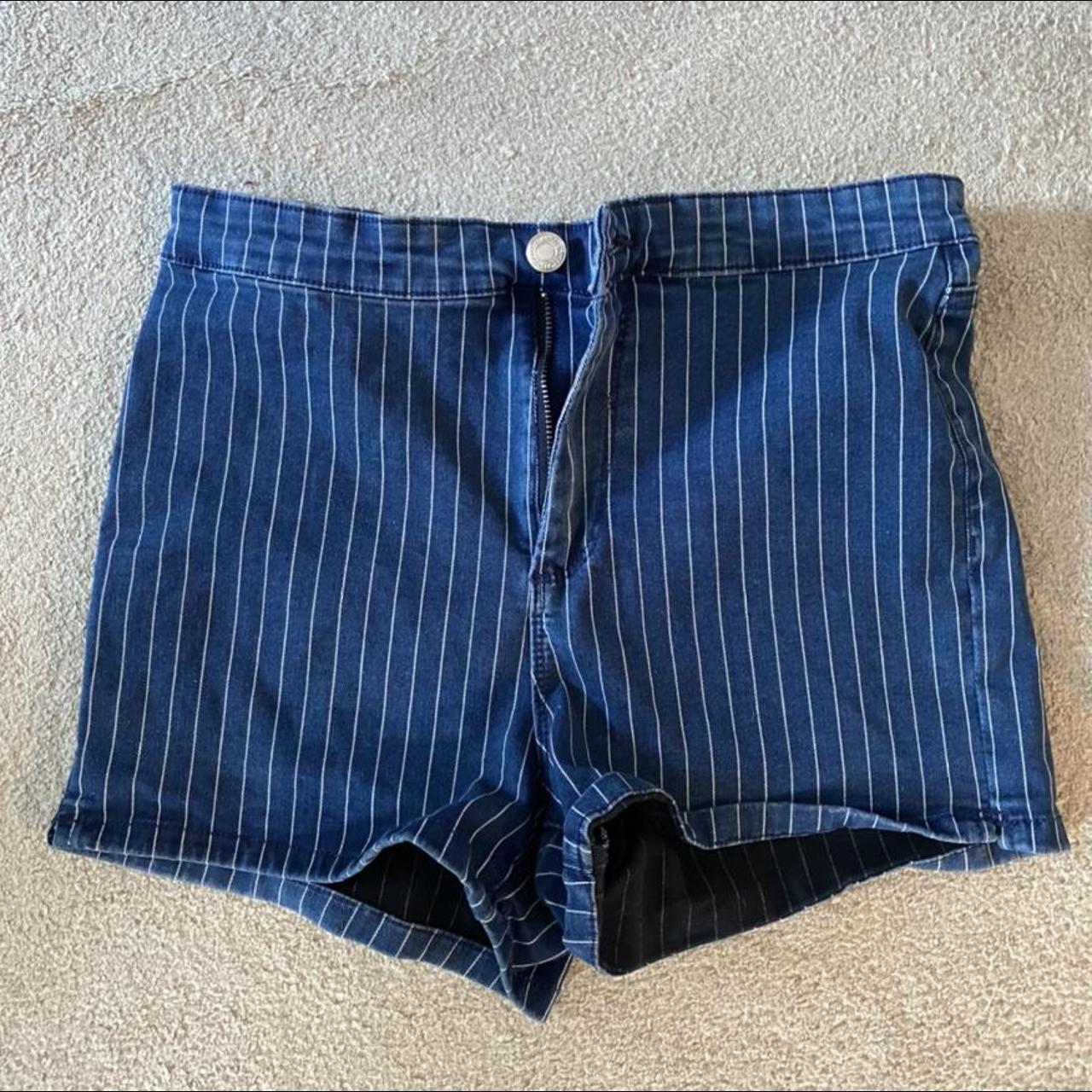 stretchy striped denim shorts, tight fitting size... - Depop