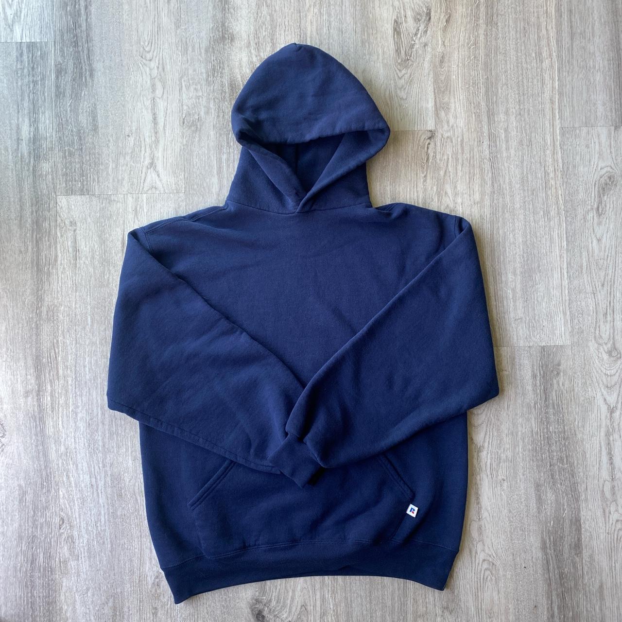 90s Russell Navy Blue Hoodie. Slight discoloration... - Depop