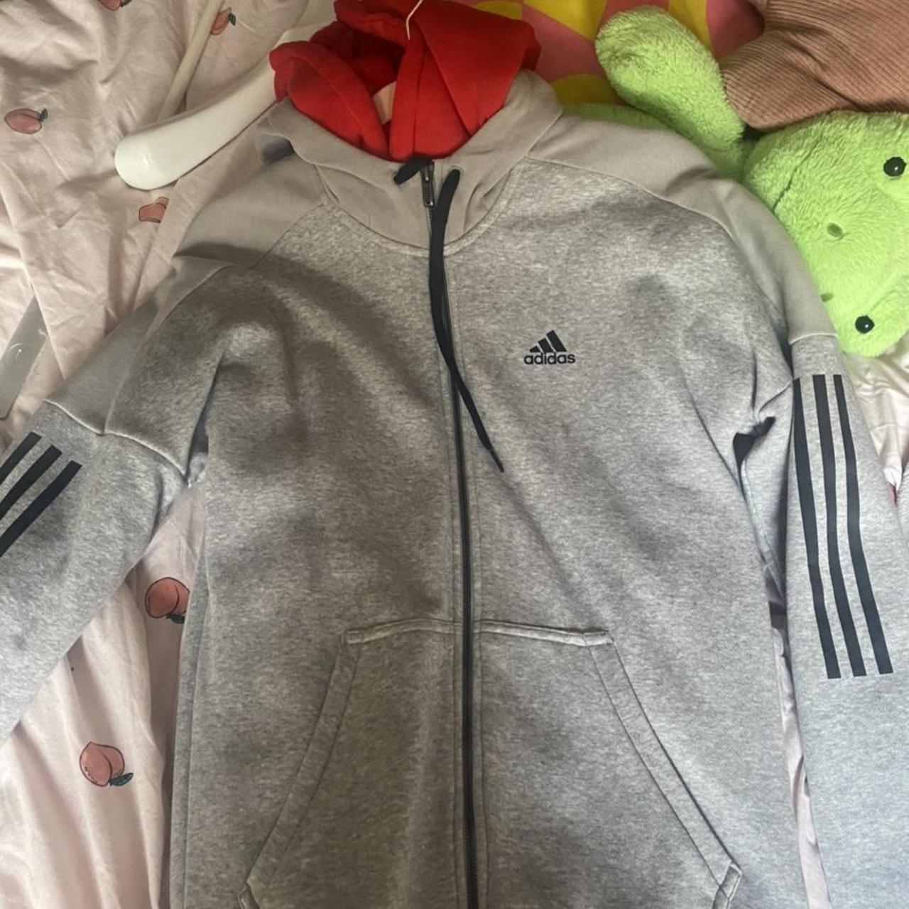 Adidas track jacket grey with three stripe detail... - Depop