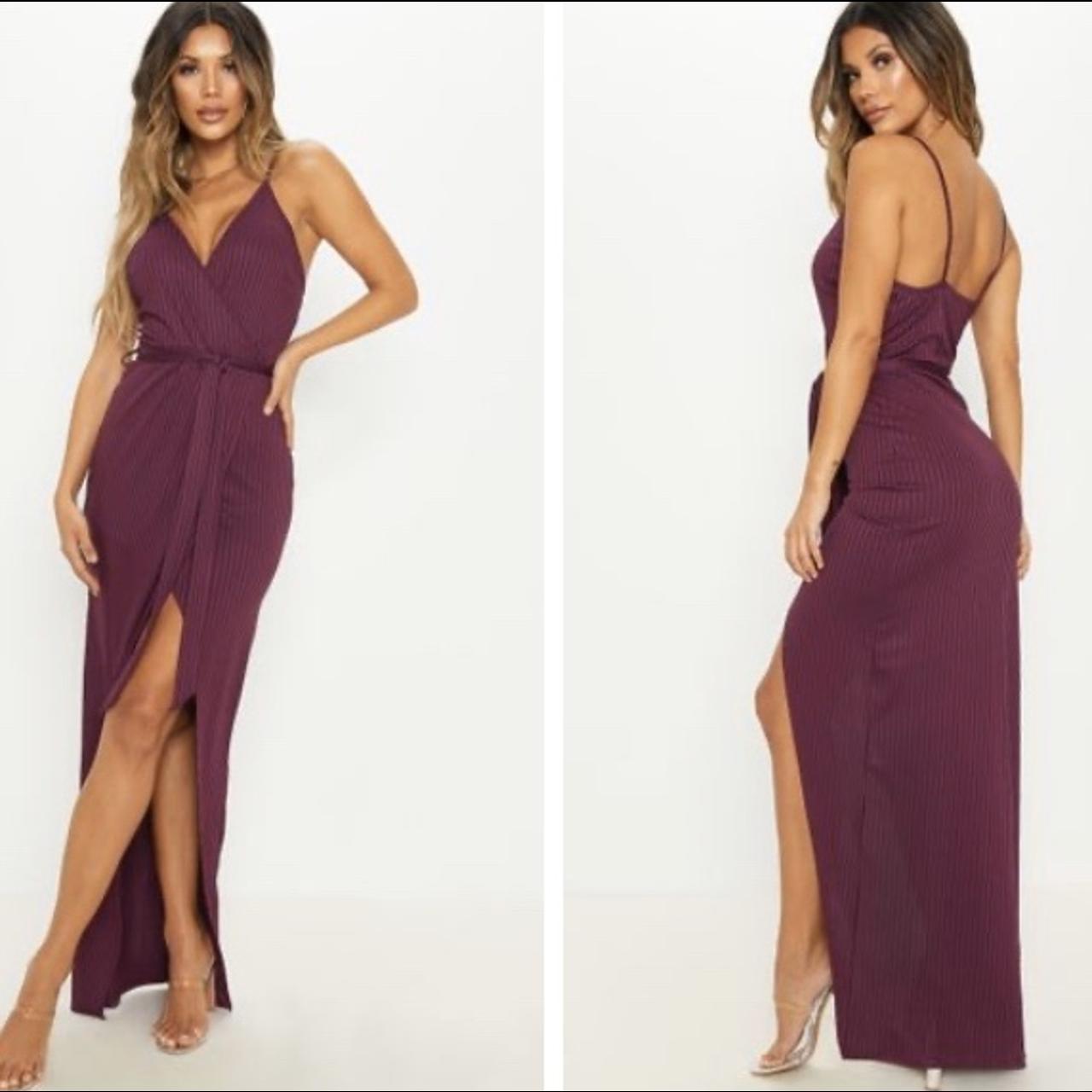 Plum ribbed wrap maxi dress on sale