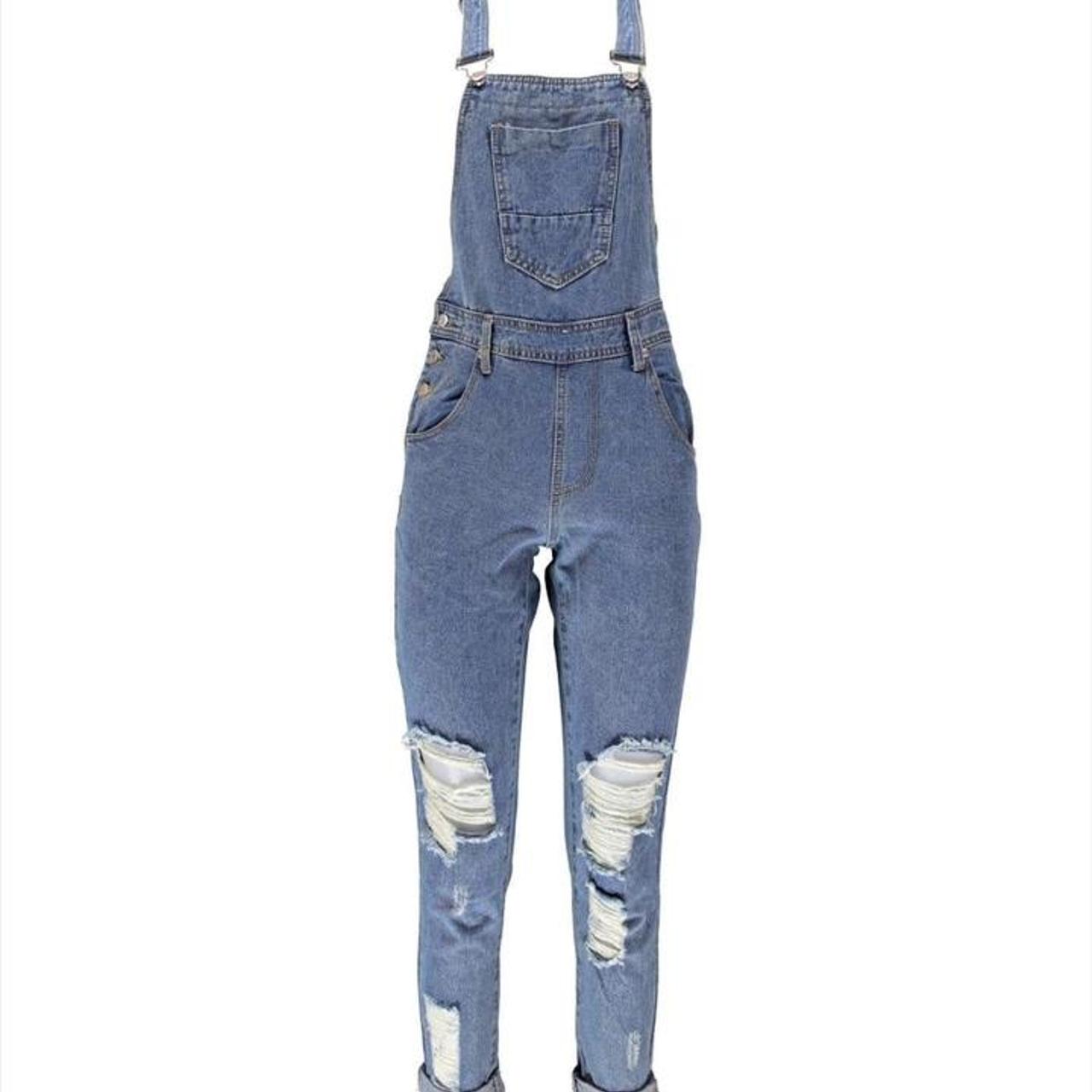 Boohoo Light Blue Denim Overalls Rips On Knees An Depop