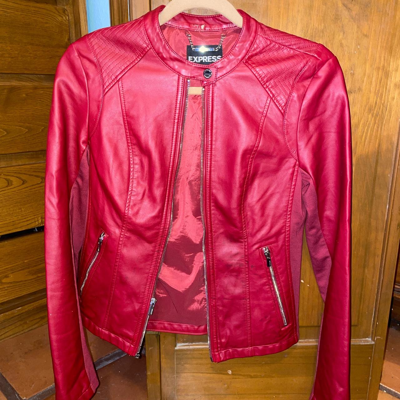 Red faux zip up leather Express jacket Satin... - Depop