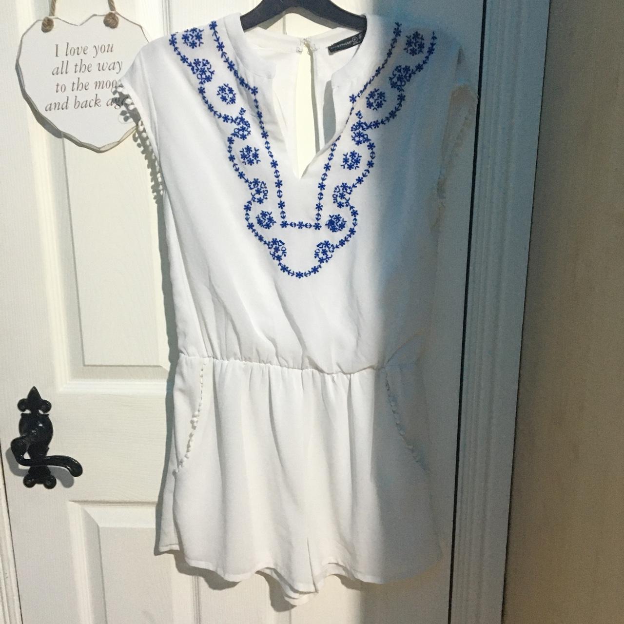 WHITE & BLUE EMBROIDERED PLAYSUIT size 8 - worn... - Depop