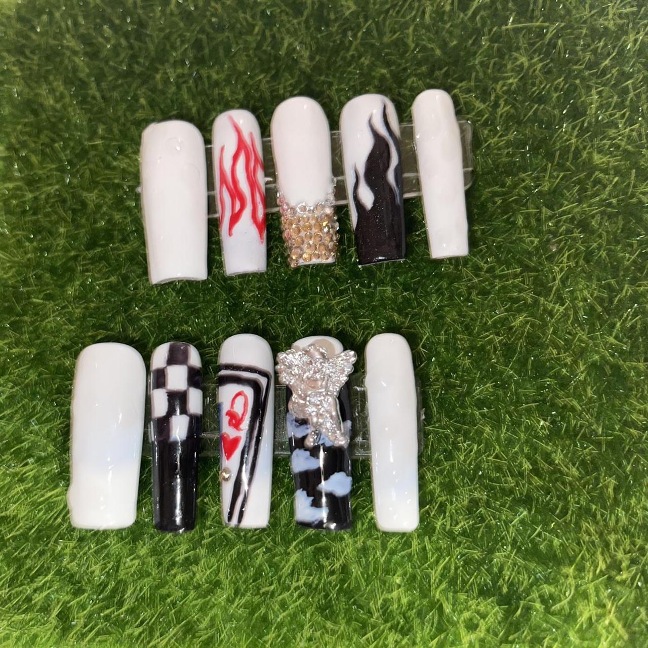 👸🏾 ️🔥🎬 Long Square set Nail art , Charms& Crystals... - Depop