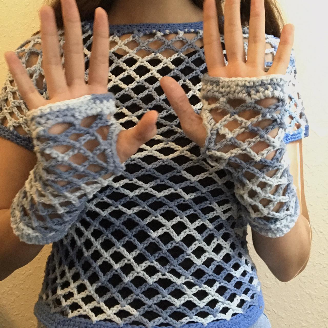 Multicolor blue handmade crochet gloves This... Depop