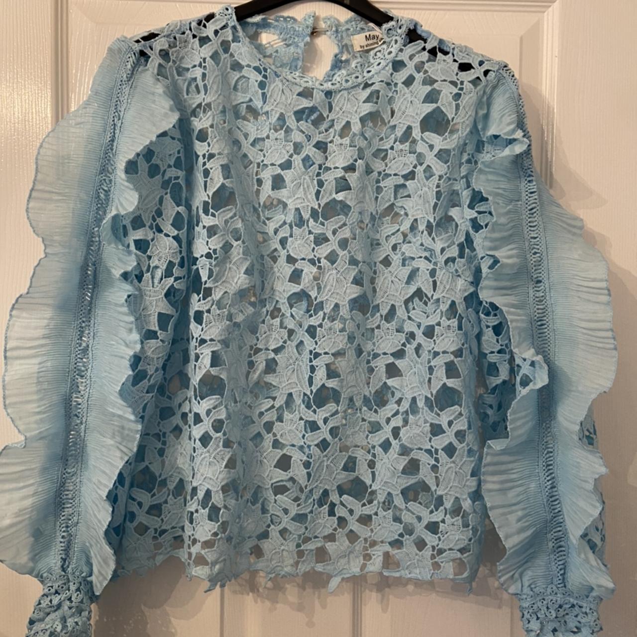 Turquoise/ pastel blue lace blouse. Beautiful detail... - Depop