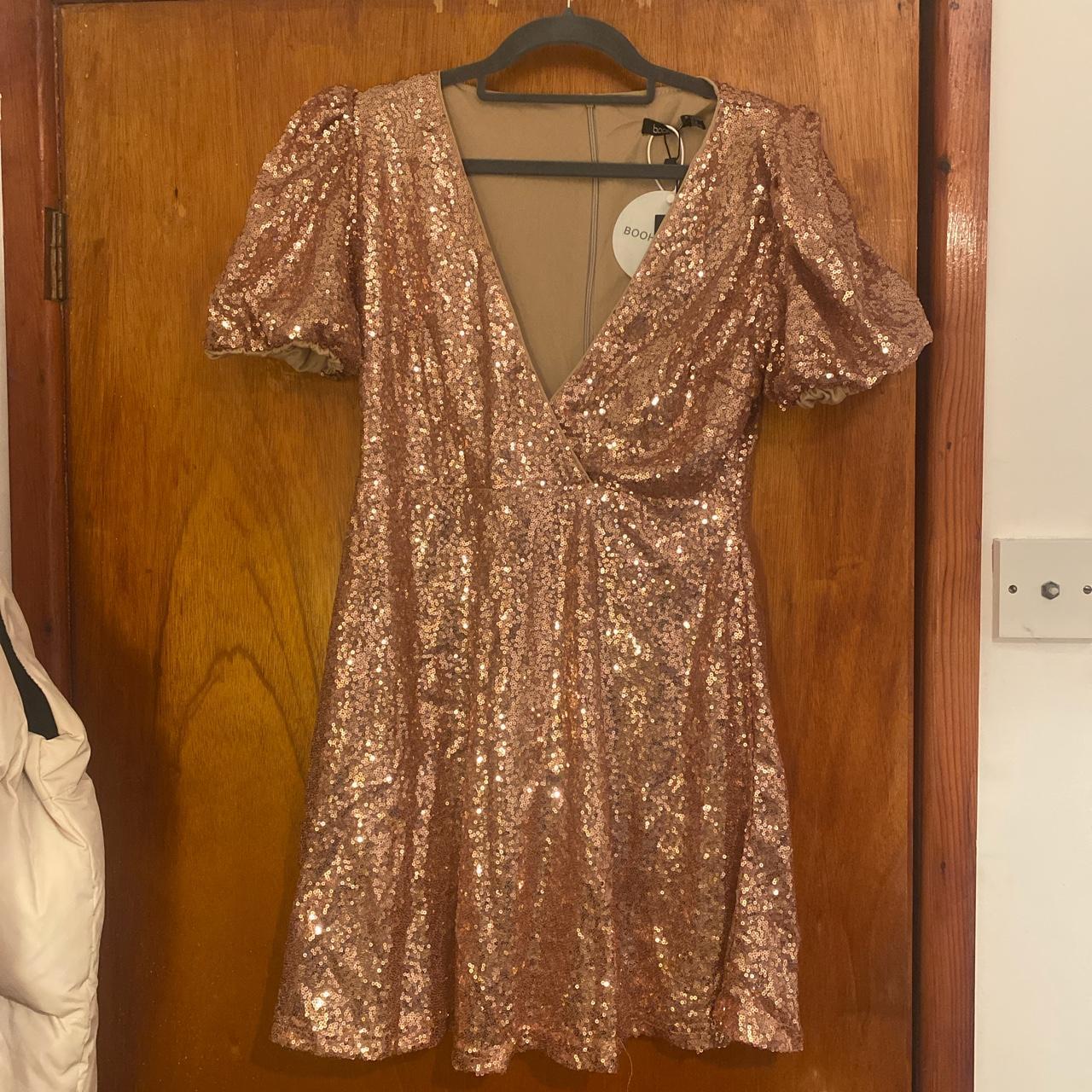 Boohoo Women's Pink and Gold Dress | Depop