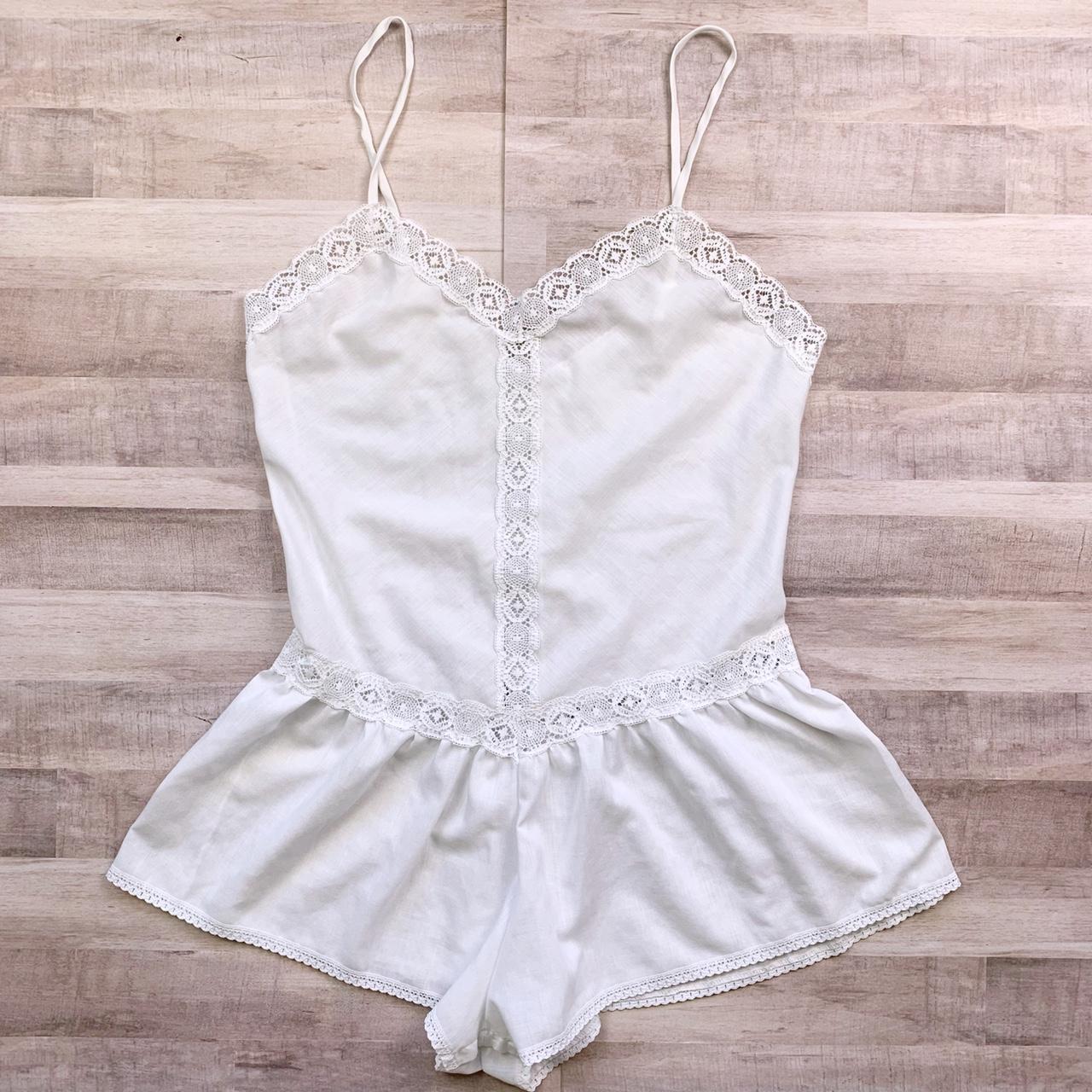 Vintage 1970s White Cotton Blend Lace Trim Teddy... - Depop