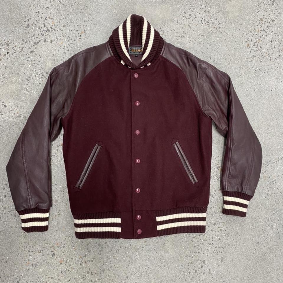 Vintage varsity jacket Burgundy jacket Small Beams... - Depop