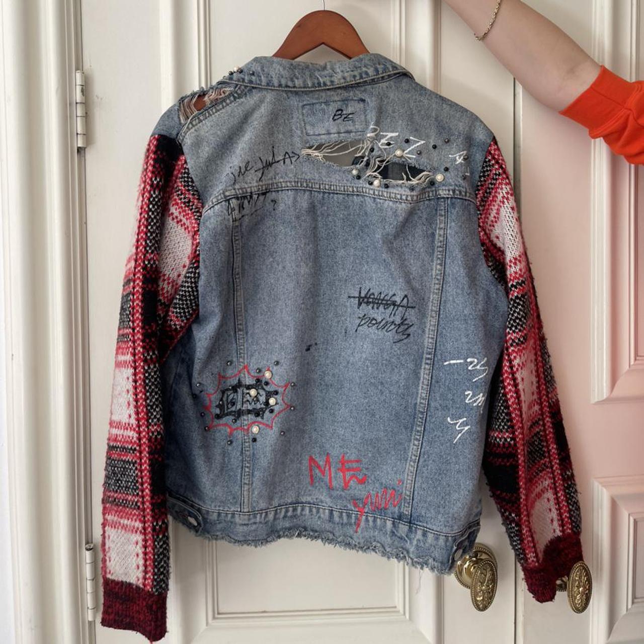 Scripted jean jacket with plaid sleeves #ytk... - Depop