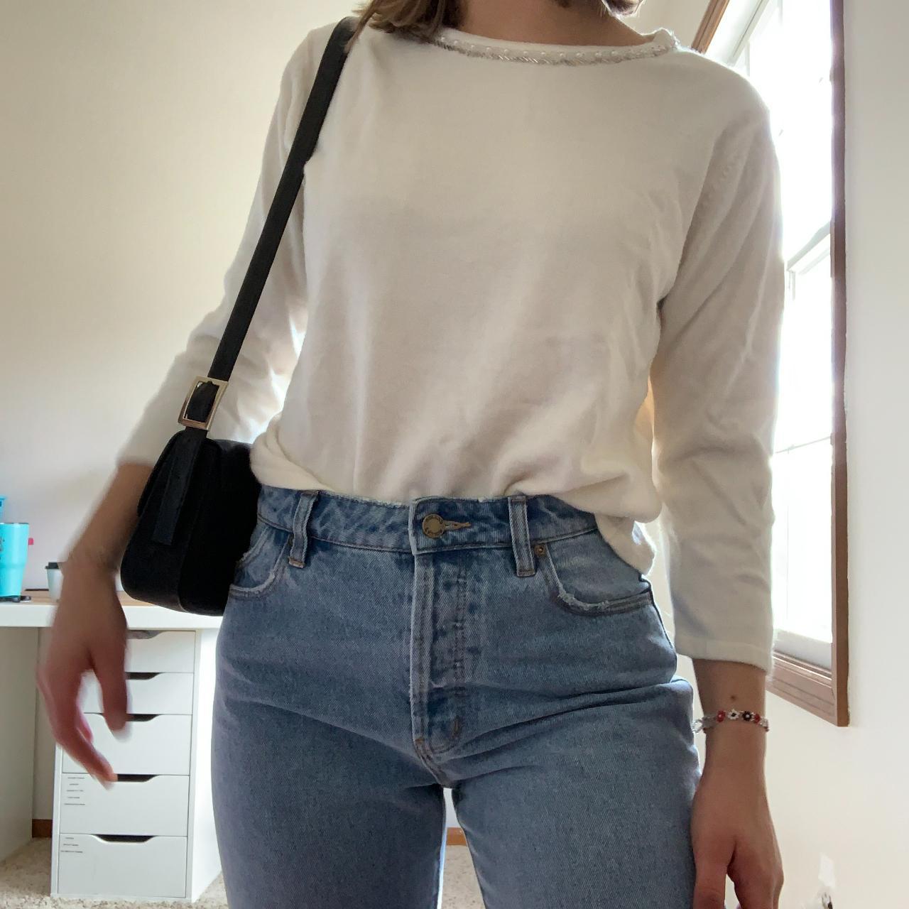 Comfy white sweater with bead embellished neckline.... - Depop