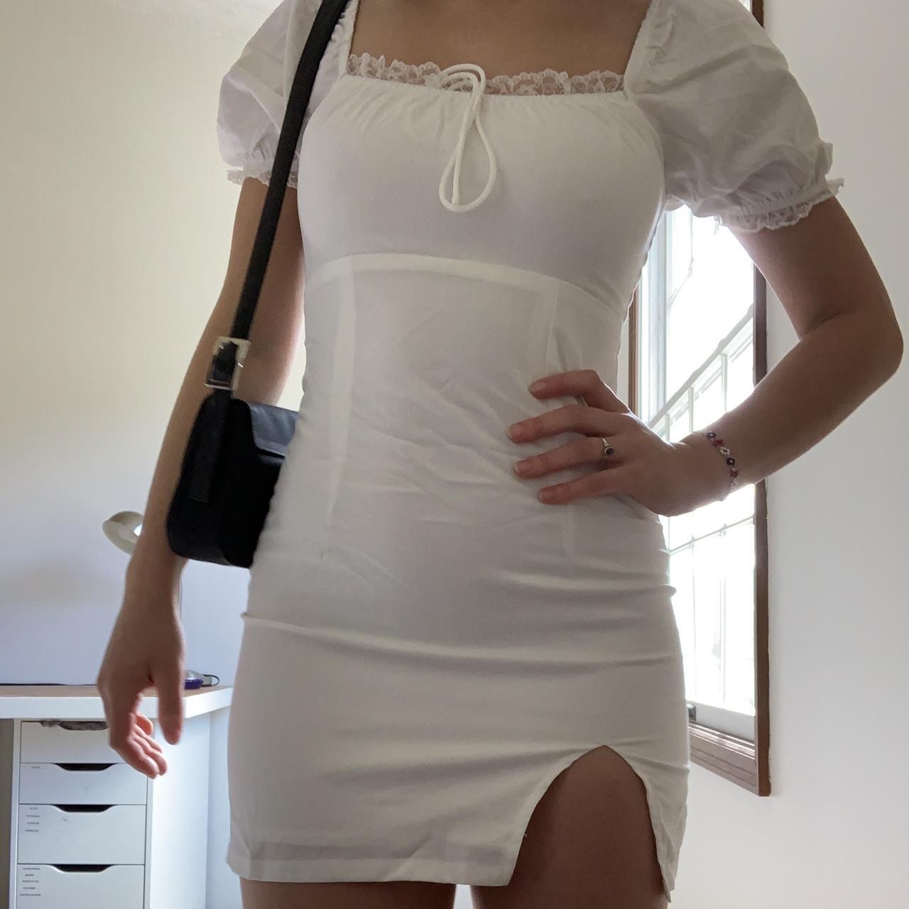 White mini dress with lace lined neckline & sleeves.... - Depop