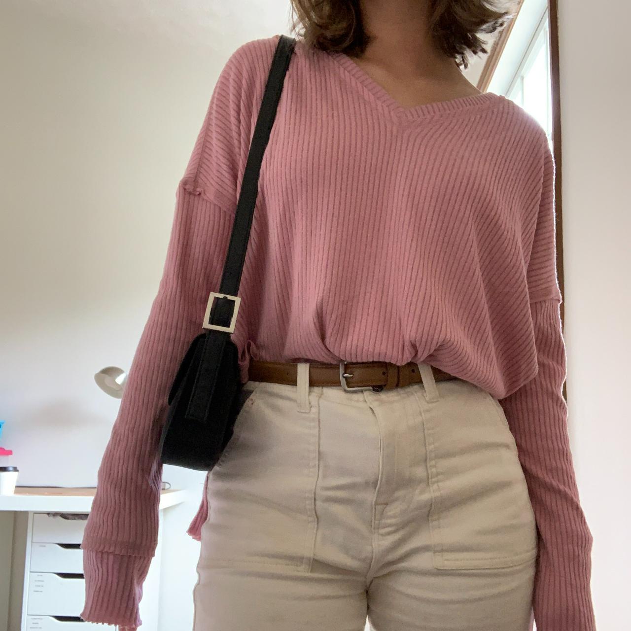 Pink oversized V-neck knit sweater. Slits on both... - Depop