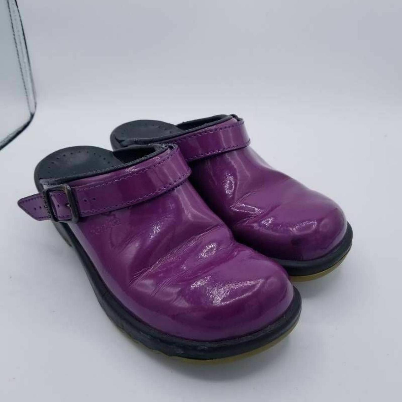 dansko purple patent clogs