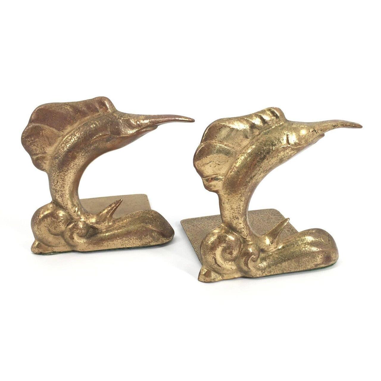 Antique Brass Bookends Marlin Swordfish Set Gold... Depop