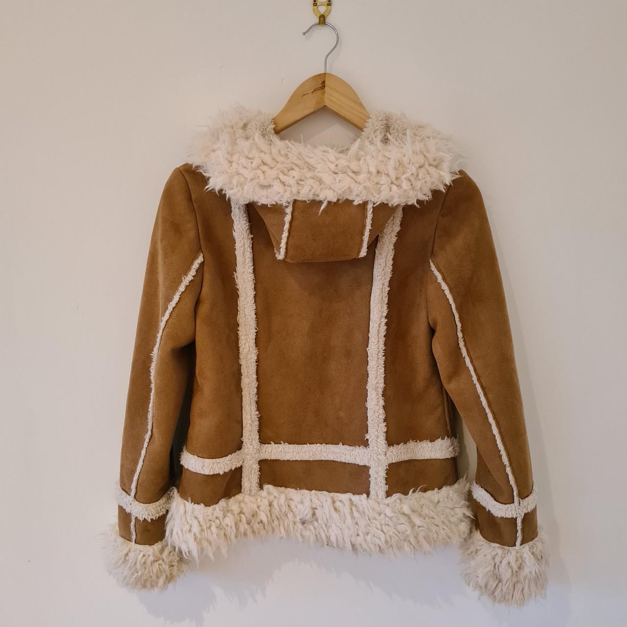 Vintage sheep skin jacket in tan colour with a... - Depop