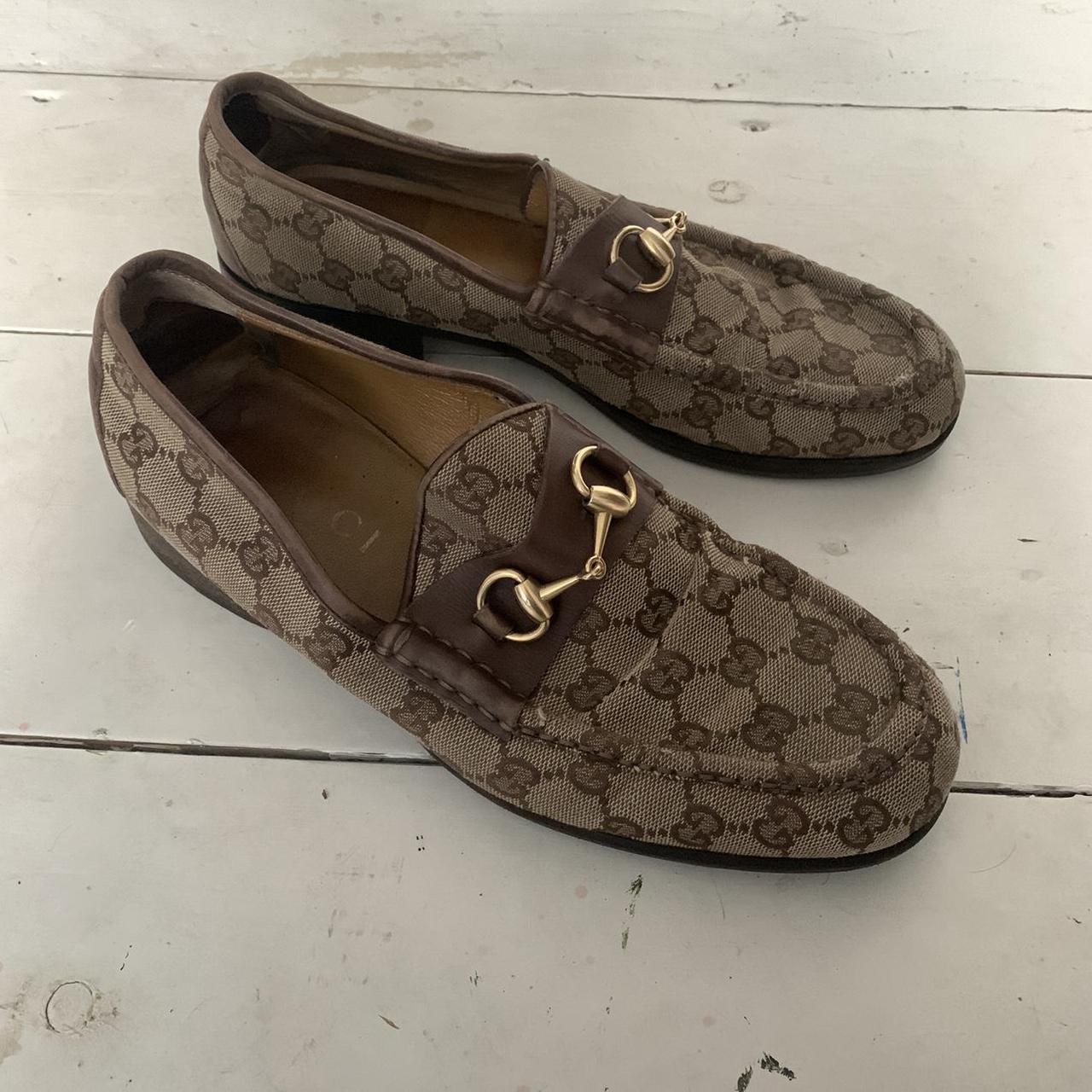 Vintage Gucci Cloth Loafers. Had some wear but brand... - Depop