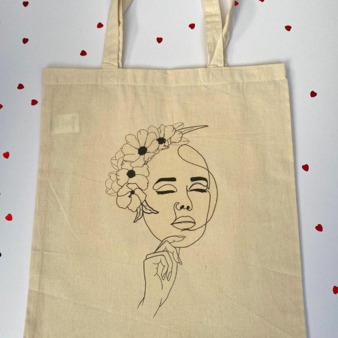 Line Art Cute Flower Girl Tote Bag Women Canvas Depop
