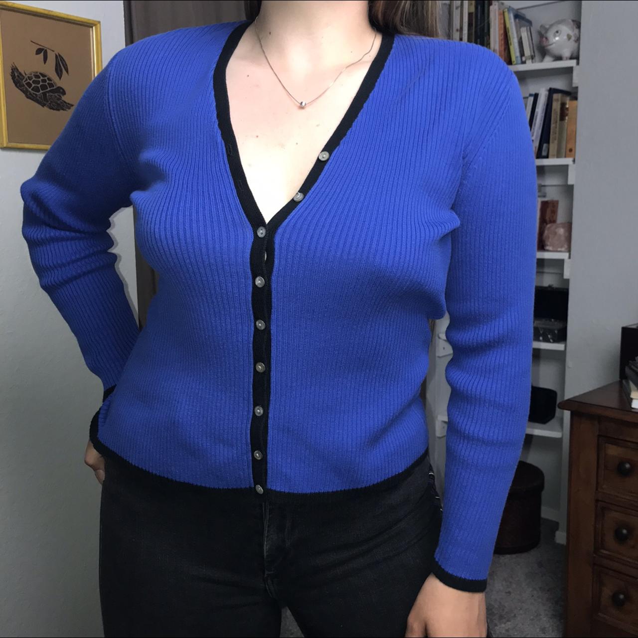 90s Blue Ribbed Cardigan Sweater 🧿 Vintage Royal Depop