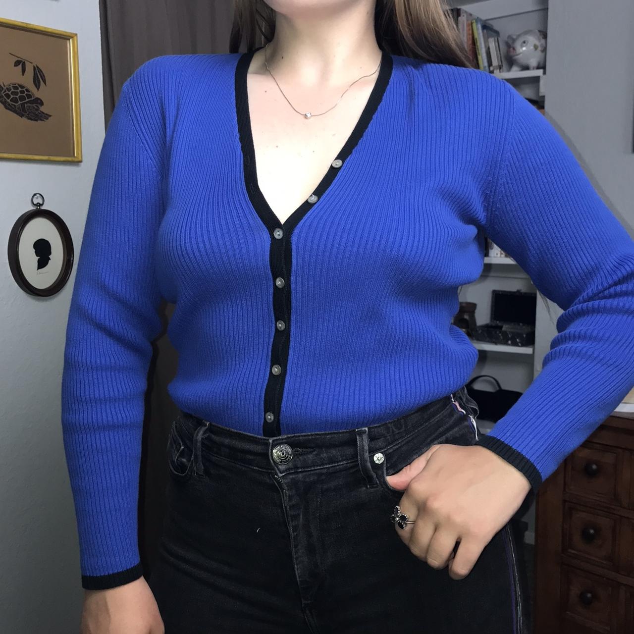 90s Blue Ribbed Cardigan Sweater 🧿 Vintage Royal Depop