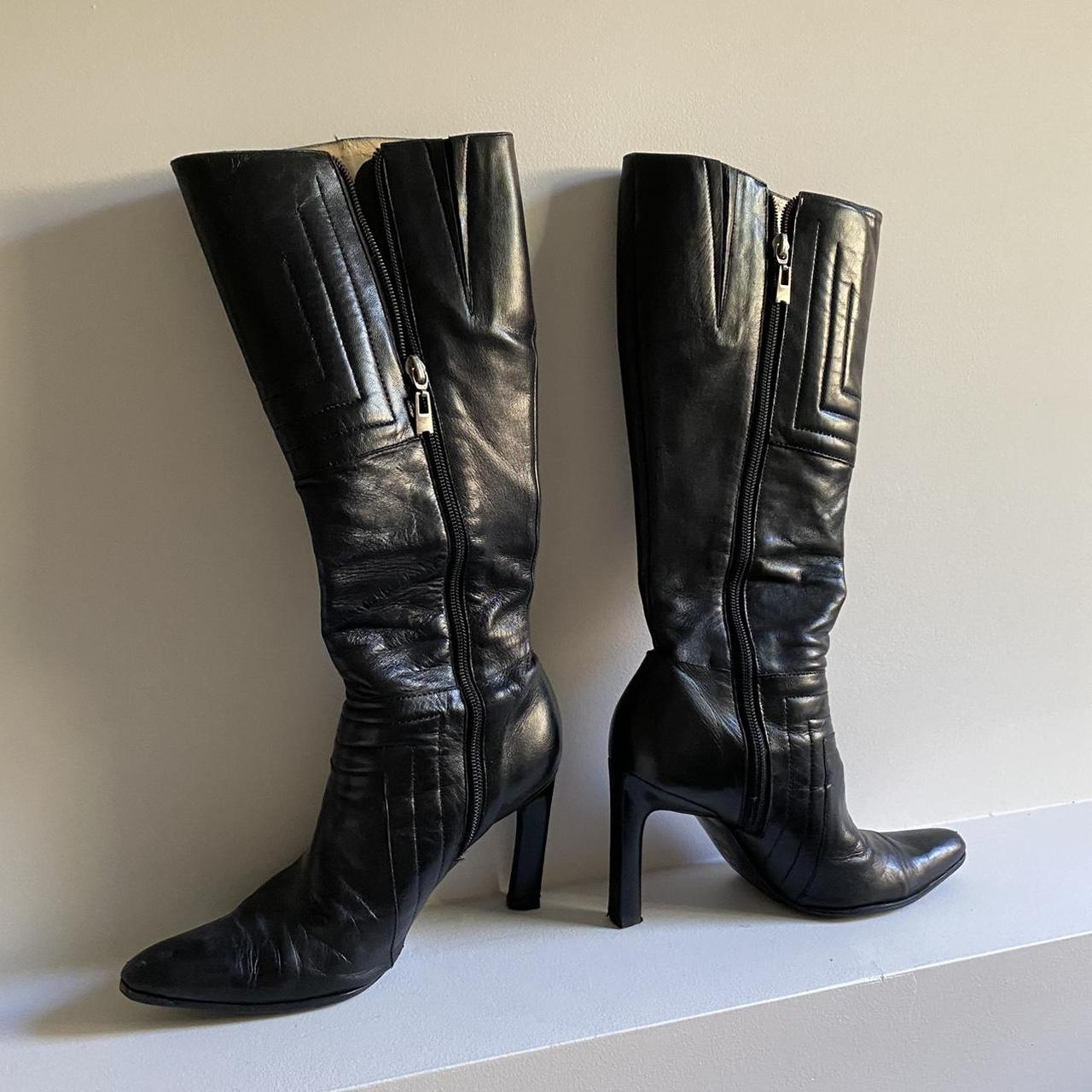 VINTAGE TRENDY LEATHER BLACK HEELED BOOTS - brand is... - Depop