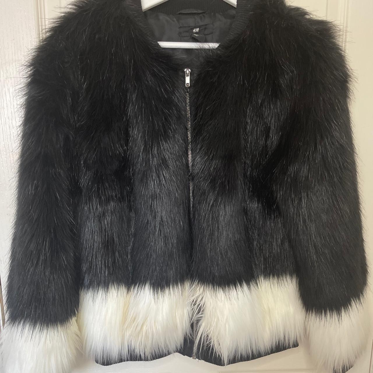 H&M Black and White Faux Fur Bomber Jacket, Size