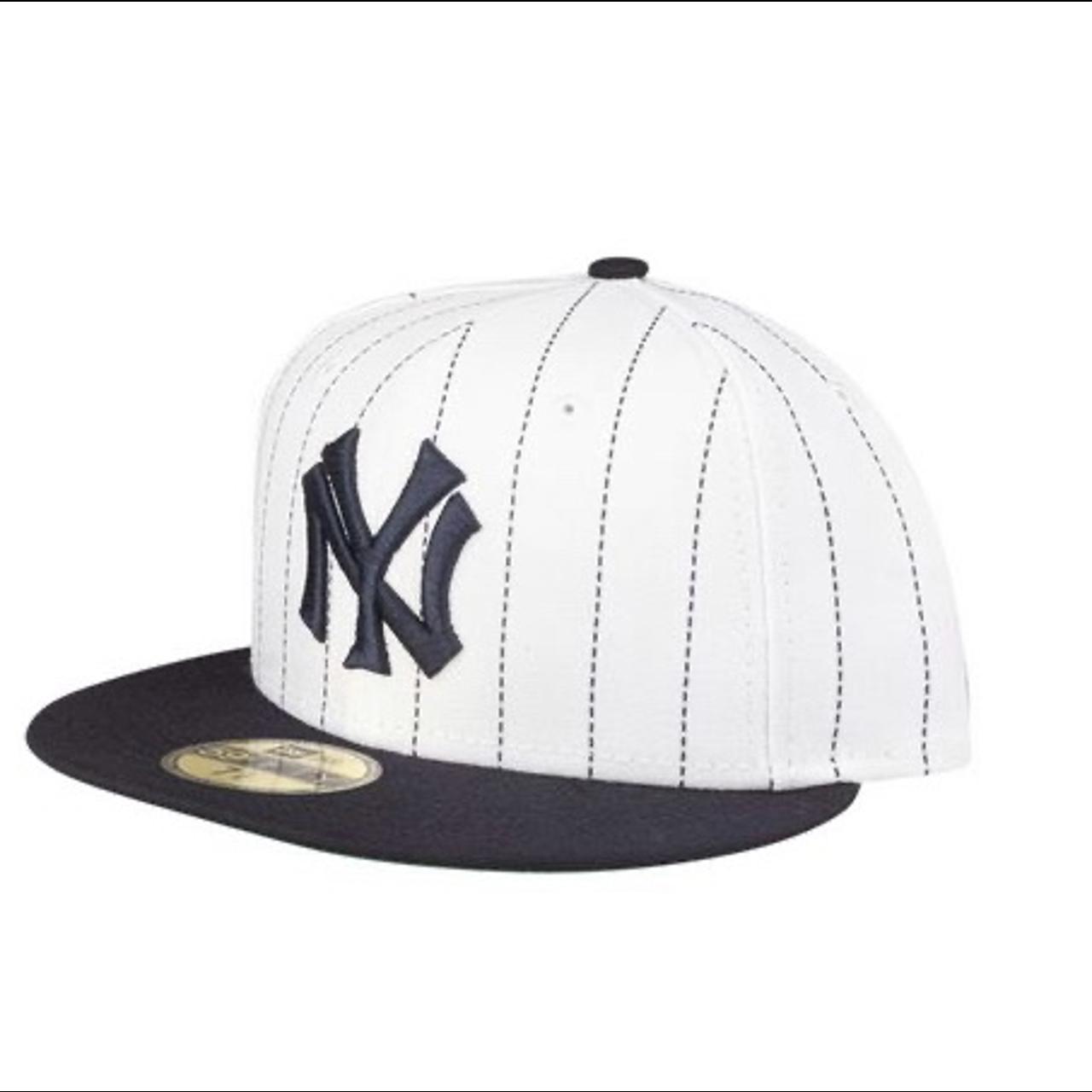 NEW white navy blue pinstripe NY New Era fitted hat... - Depop