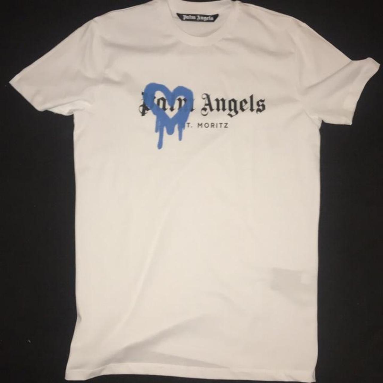 Palm Angels Men's White and Blue T-shirt | Depop