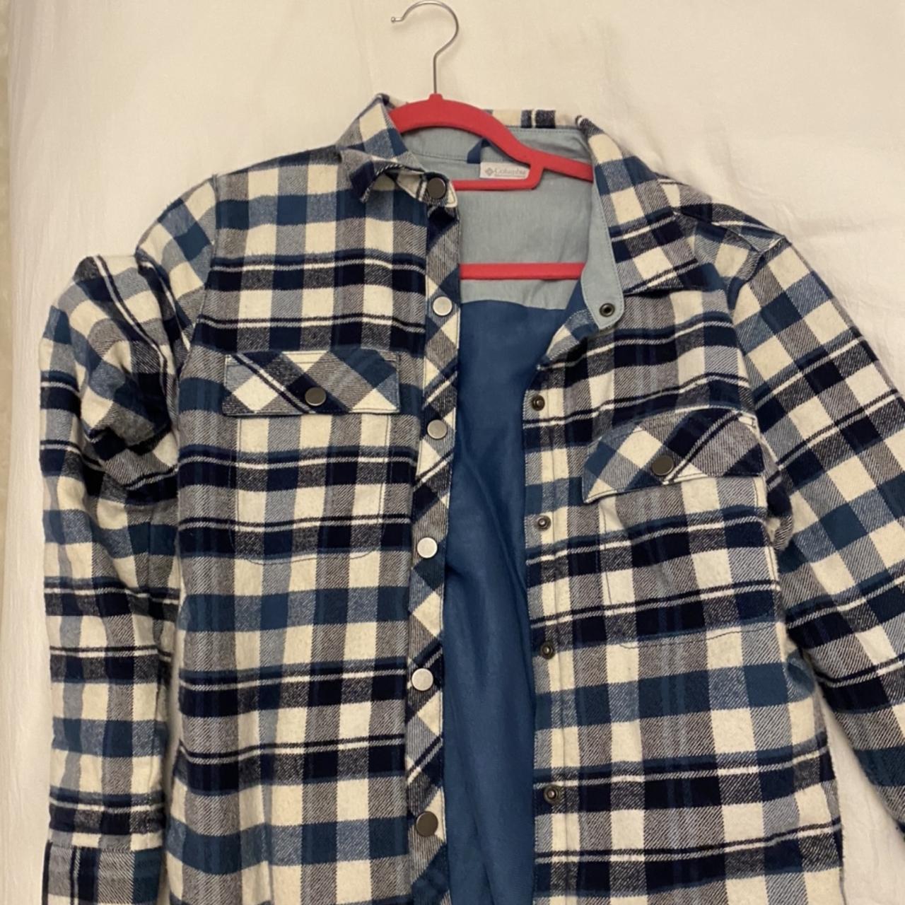 Columbia thick blue and white flannel oversized fit... - Depop