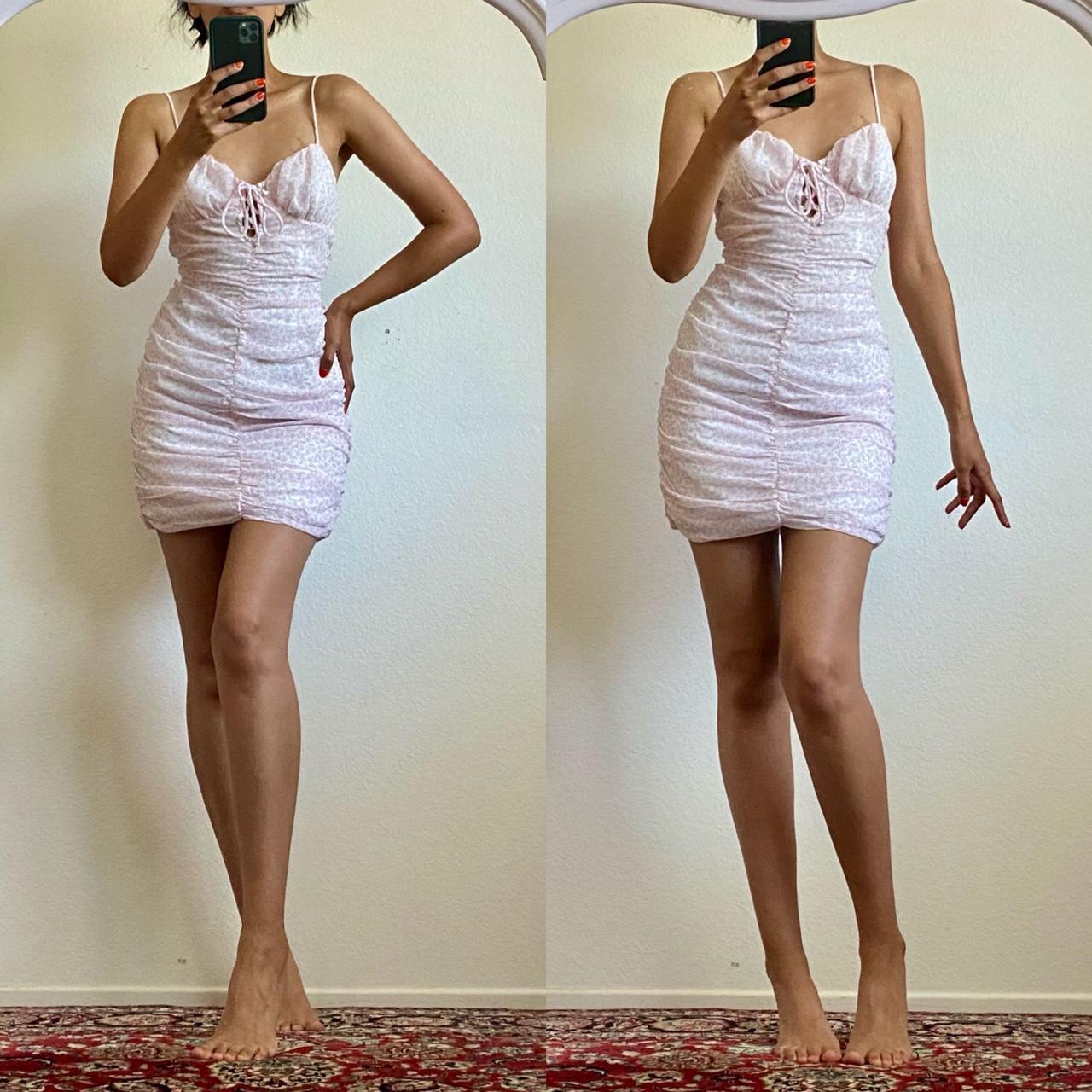 RUCHED FLORAL BODYCON MINI DRESS "Angie" petal pink... - Depop