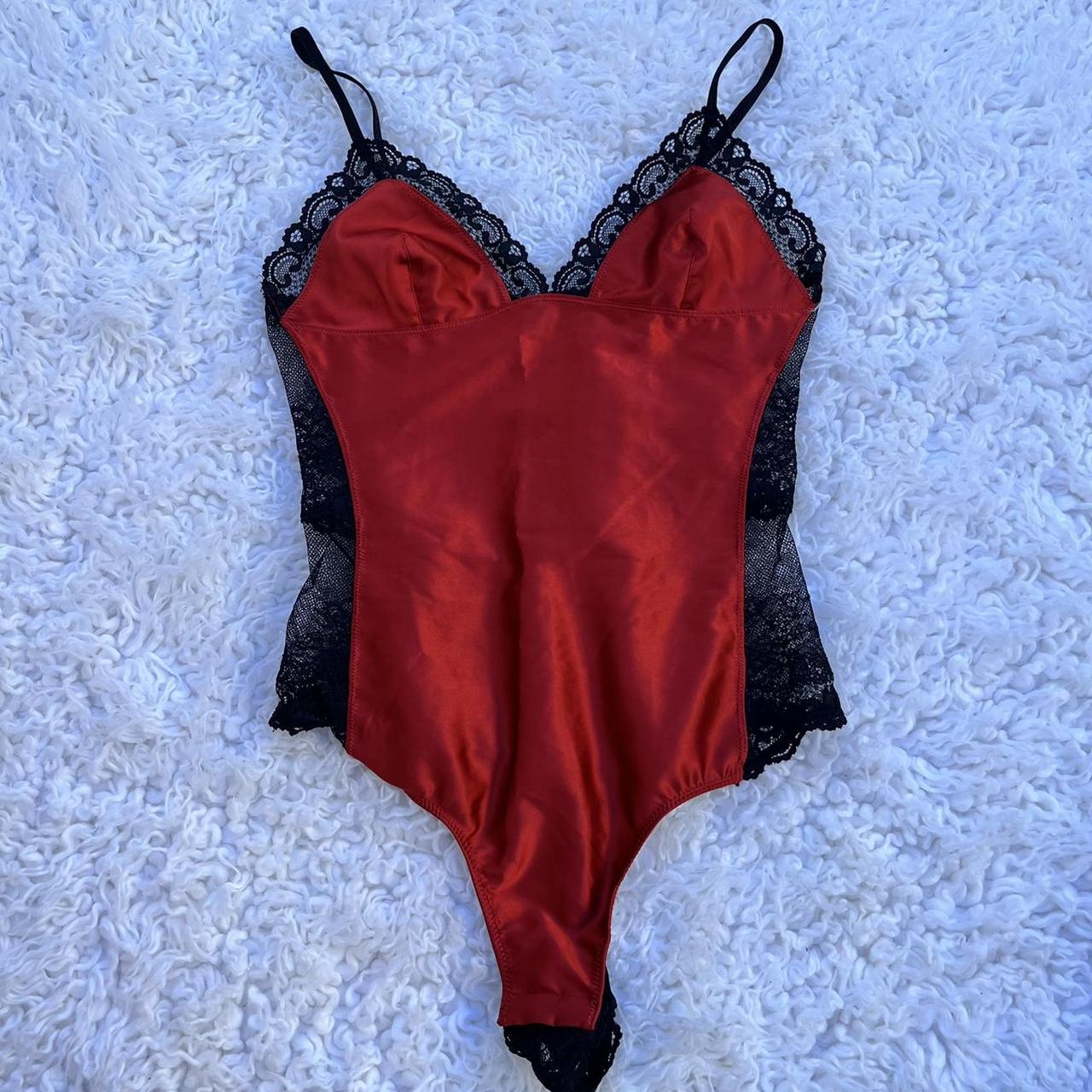 Topshop satin and lace bodysuit in red and black... - Depop