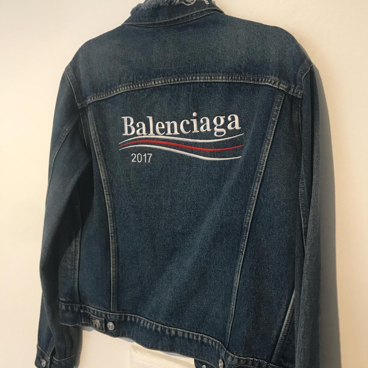 Balenciaga blue denim ripped collar jacket with logo... - Depop