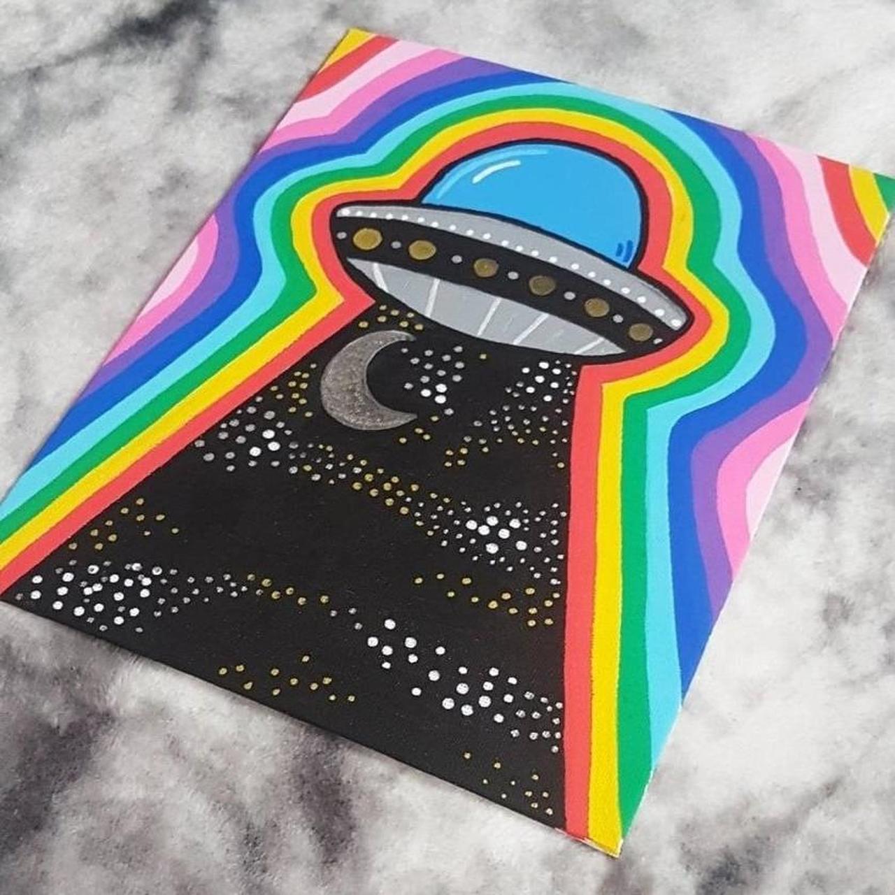 Trippy rainbow ufo painting on canvas board 🛸 Made... - Depop