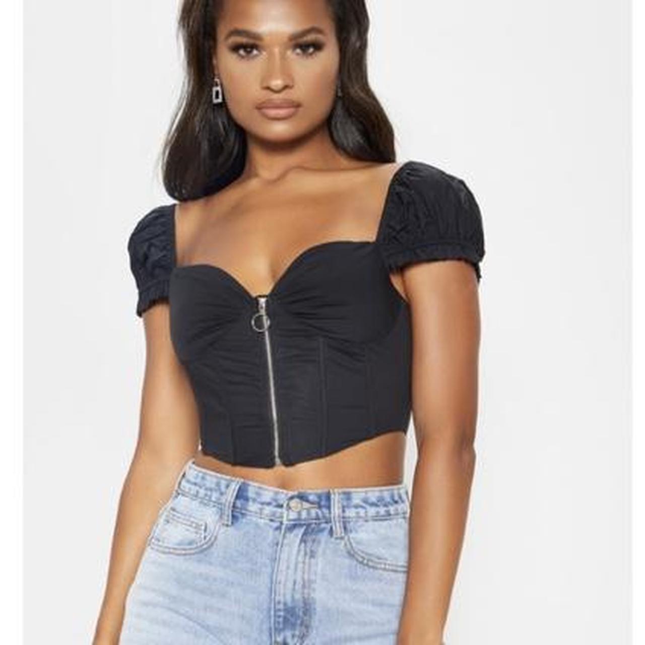 Black zip front puff sleeve top sale