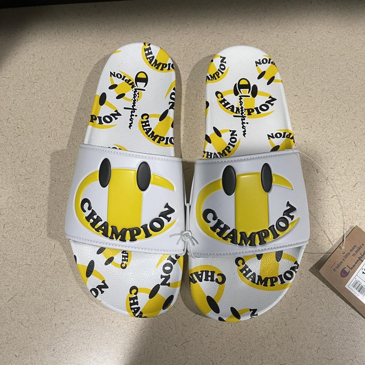 Champion Men's White and Yellow Slides | Depop