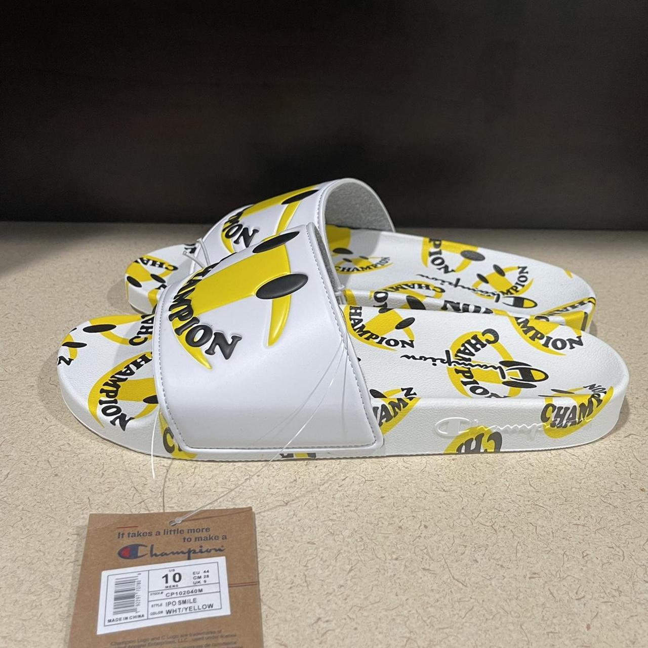 Champion Men's White and Yellow Slides | Depop