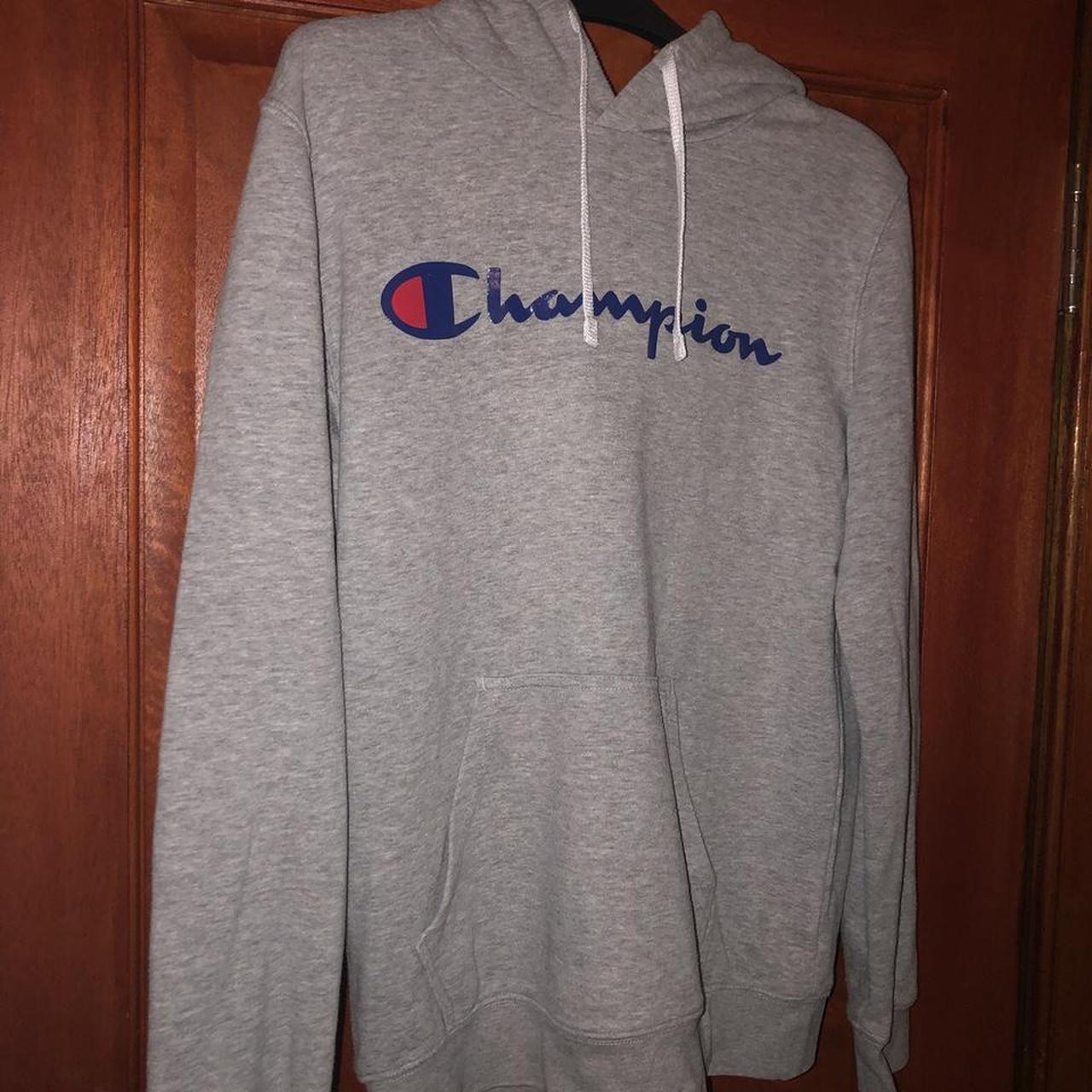 Champion Men's Blue and Grey Hoodie | Depop