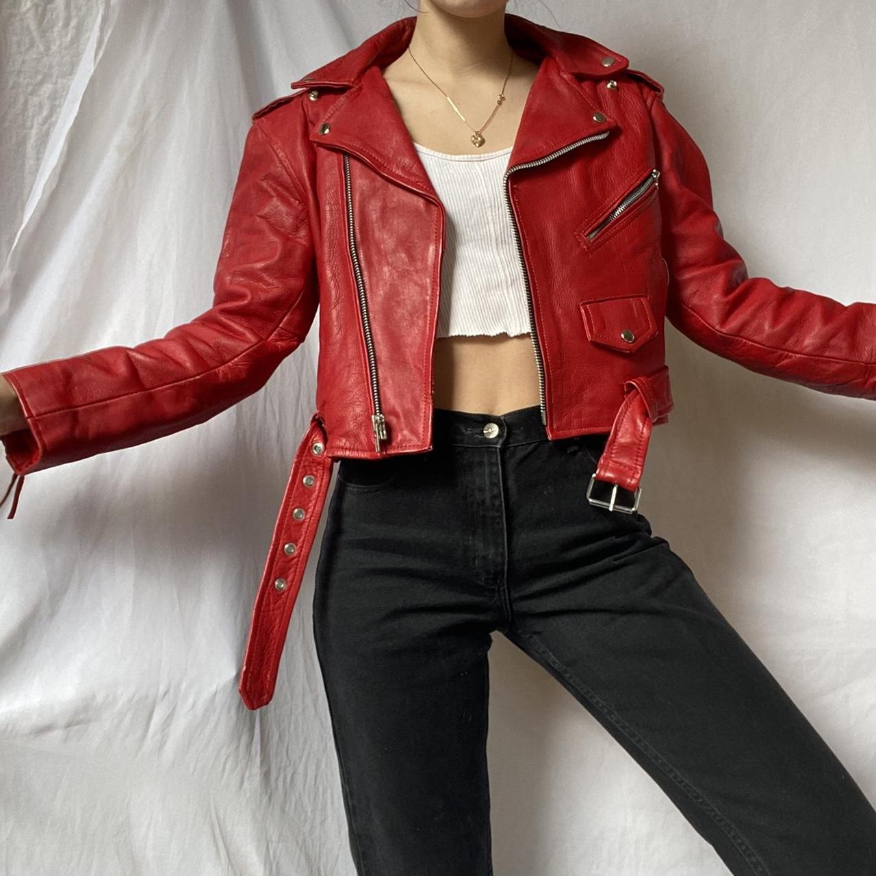 Vintage red leather biker jacket from Diamond... - Depop