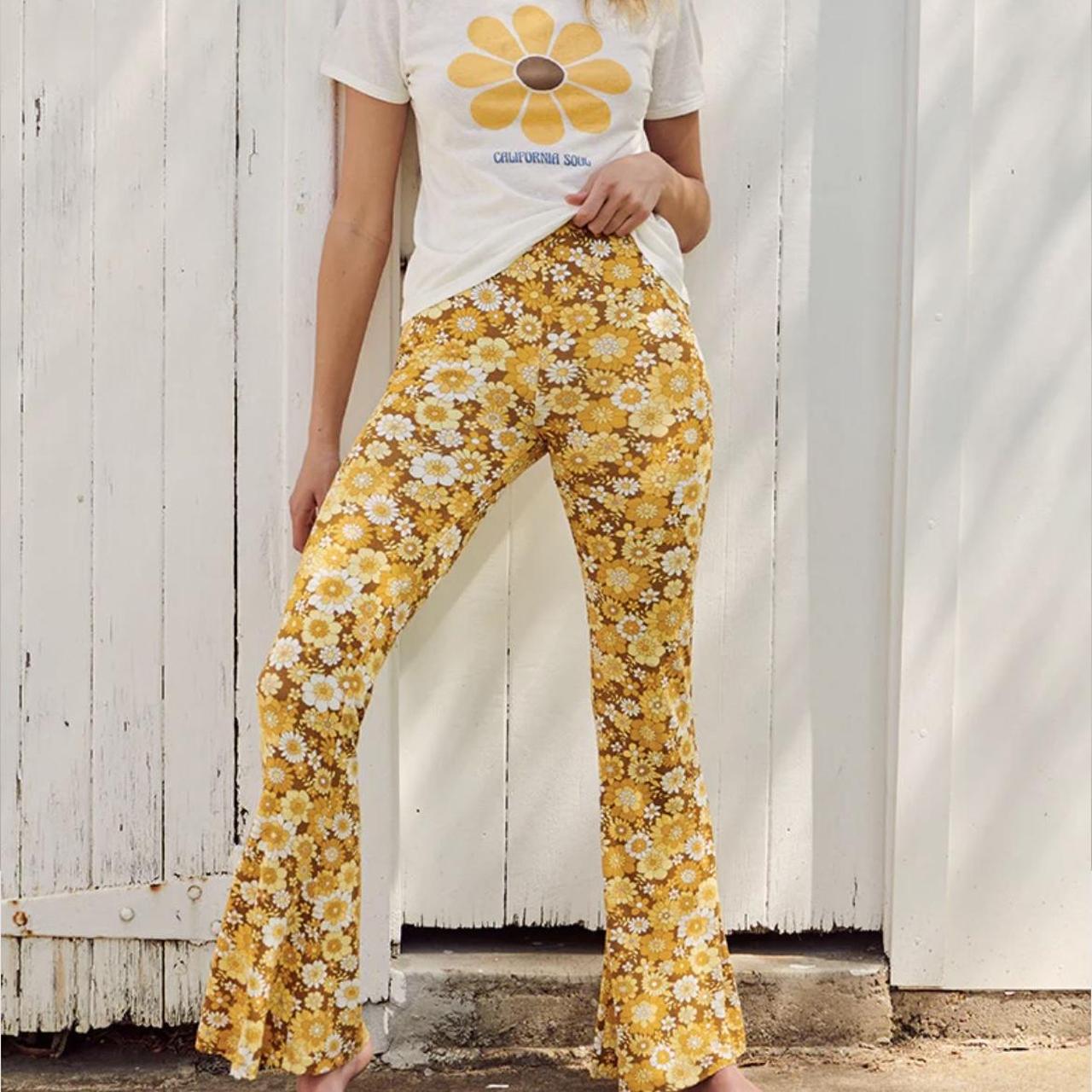 Ghanda clothing yellow floral flare pants. Worn a... - Depop