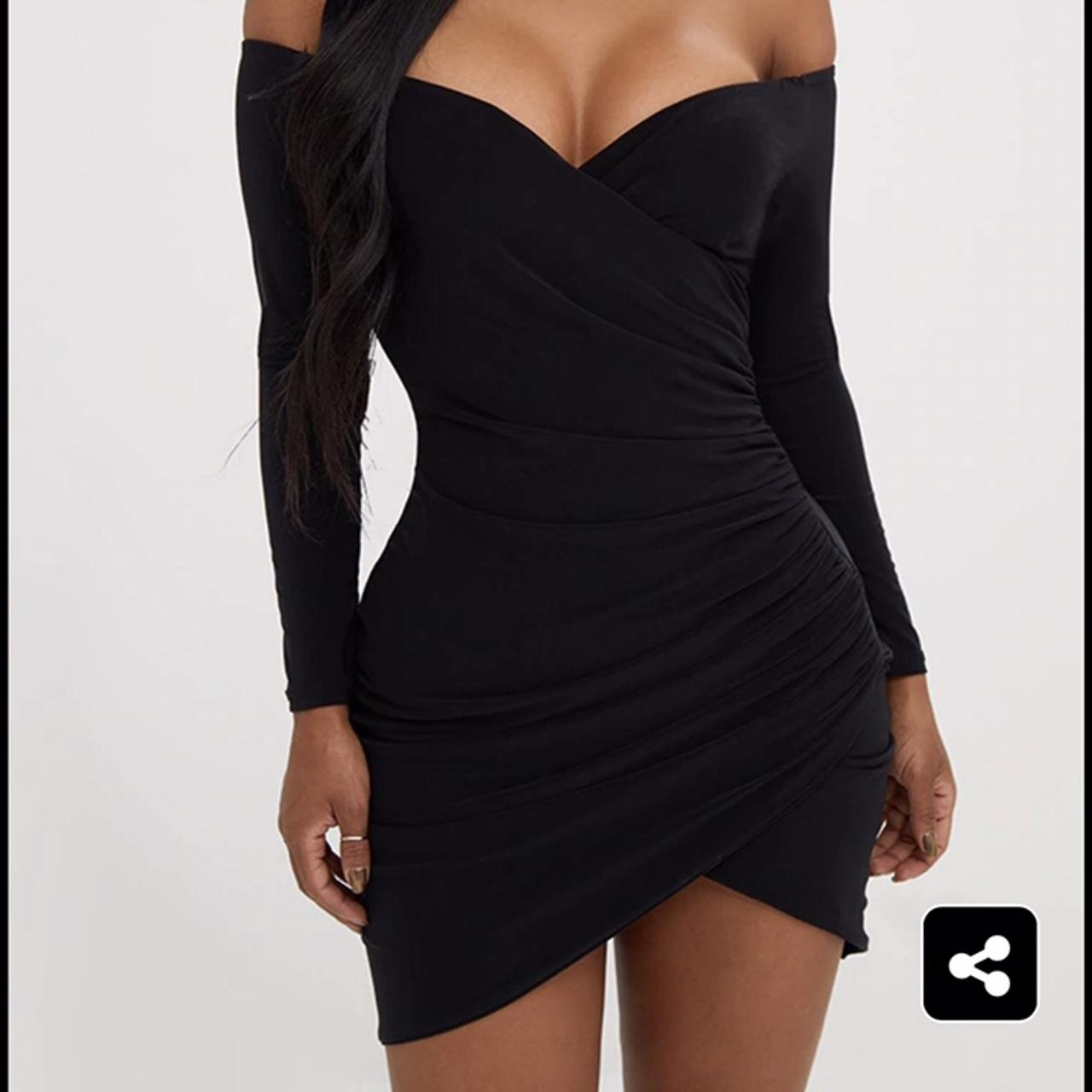 Shape Black Ruched Bardot Bodycon Dress PLT at £18... - Depop