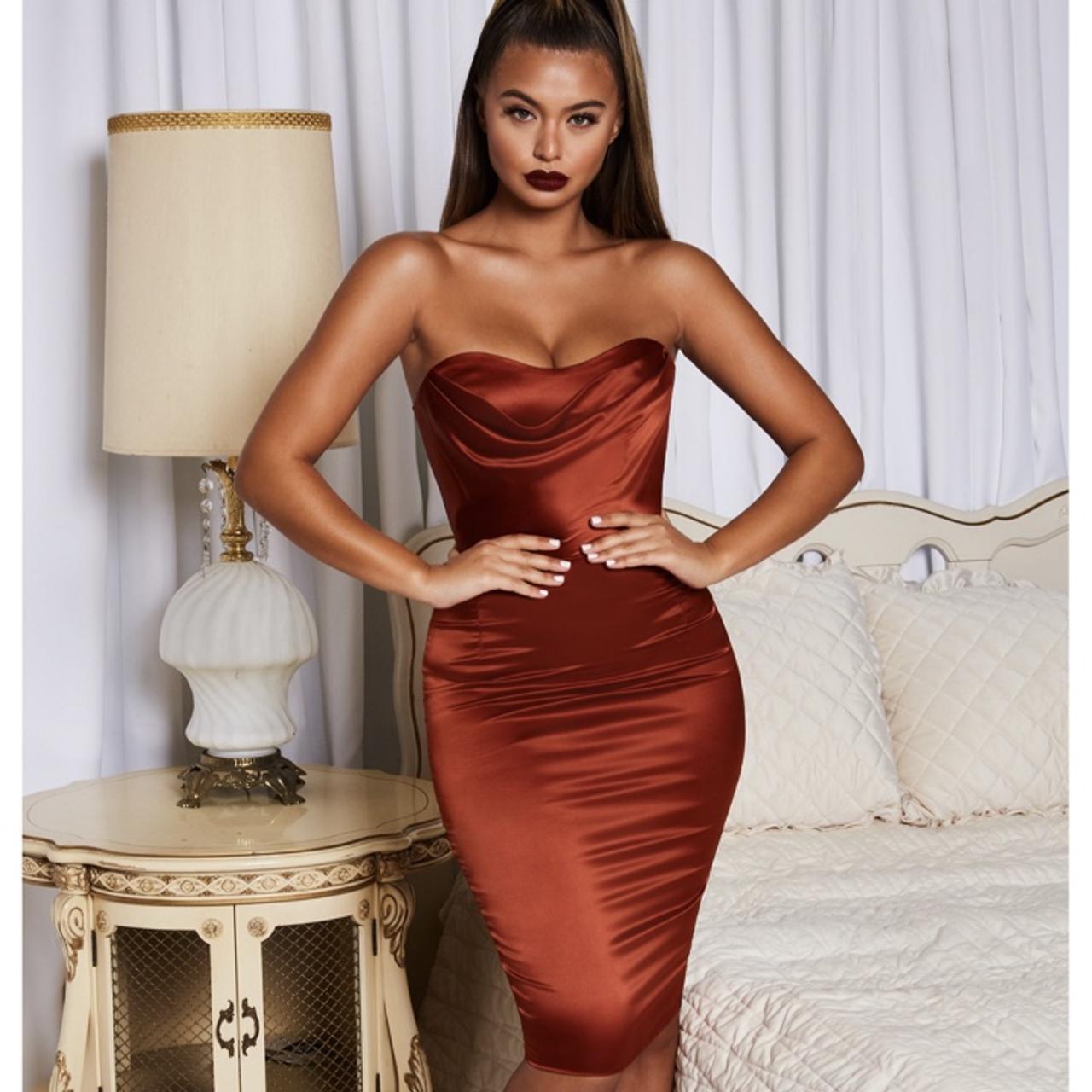 Luxe good bustier strapless satin knee length dress cheap in copper