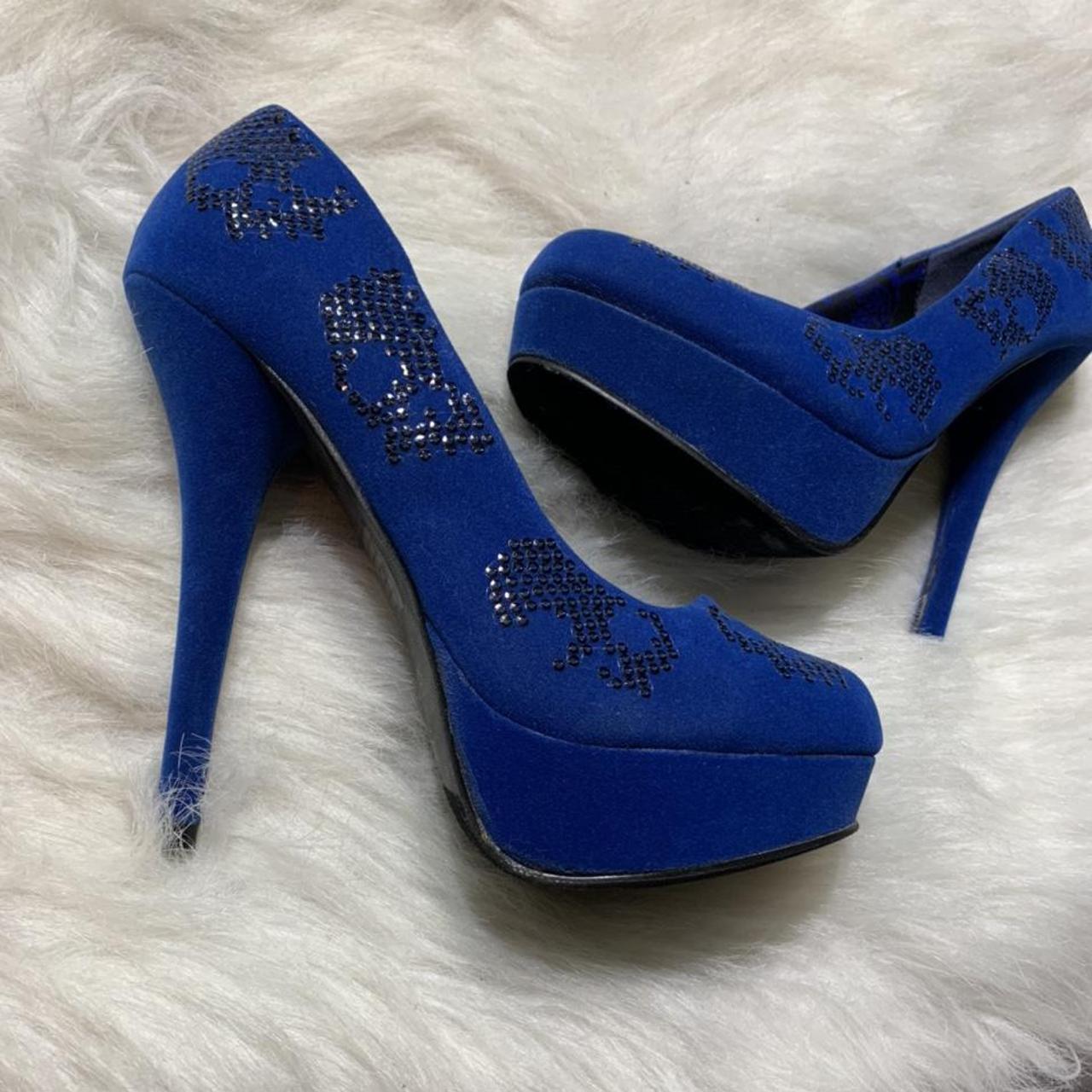 Gorgeous cobalt blue velour heels with sequin skulls... - Depop