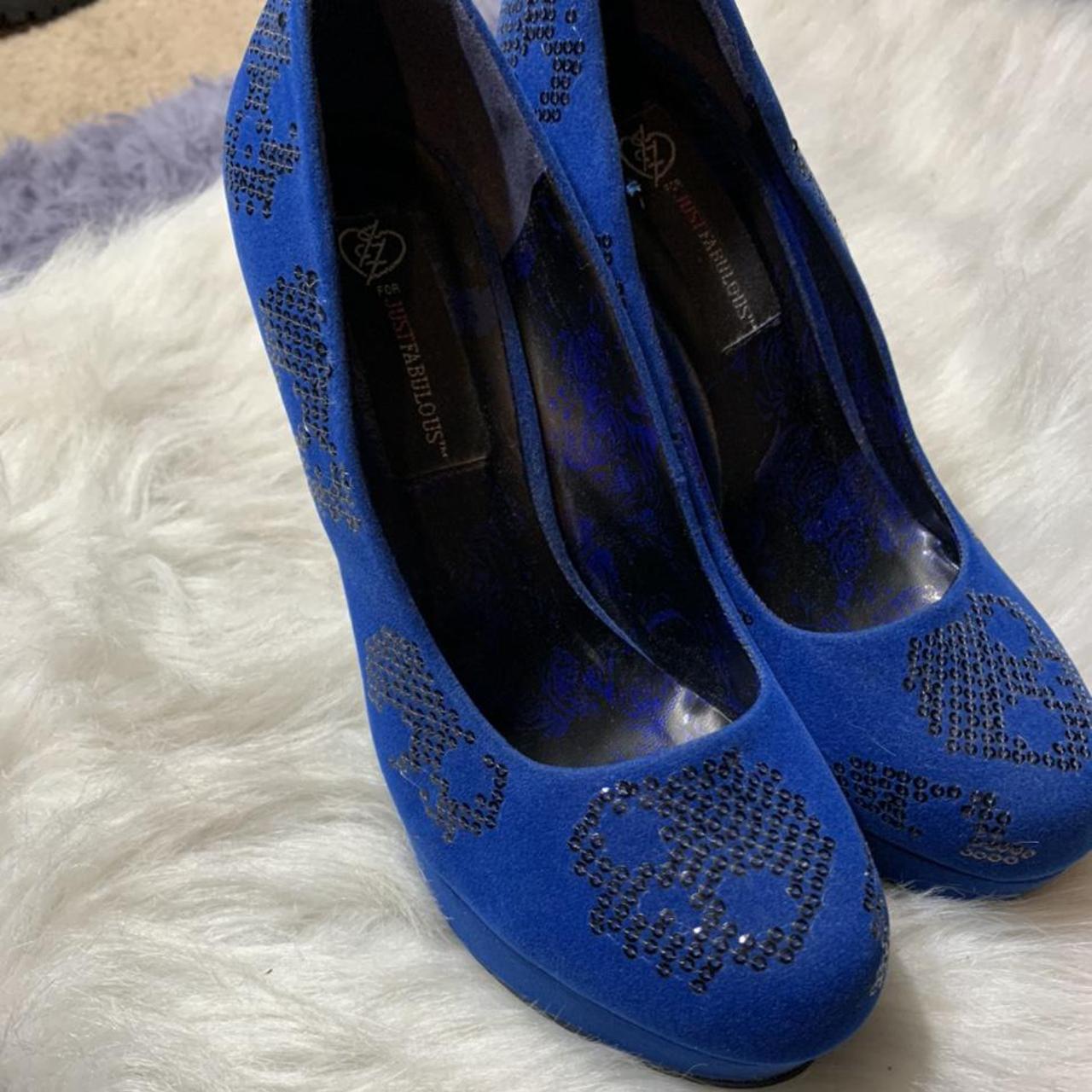 Gorgeous cobalt blue velour heels with sequin skulls... - Depop