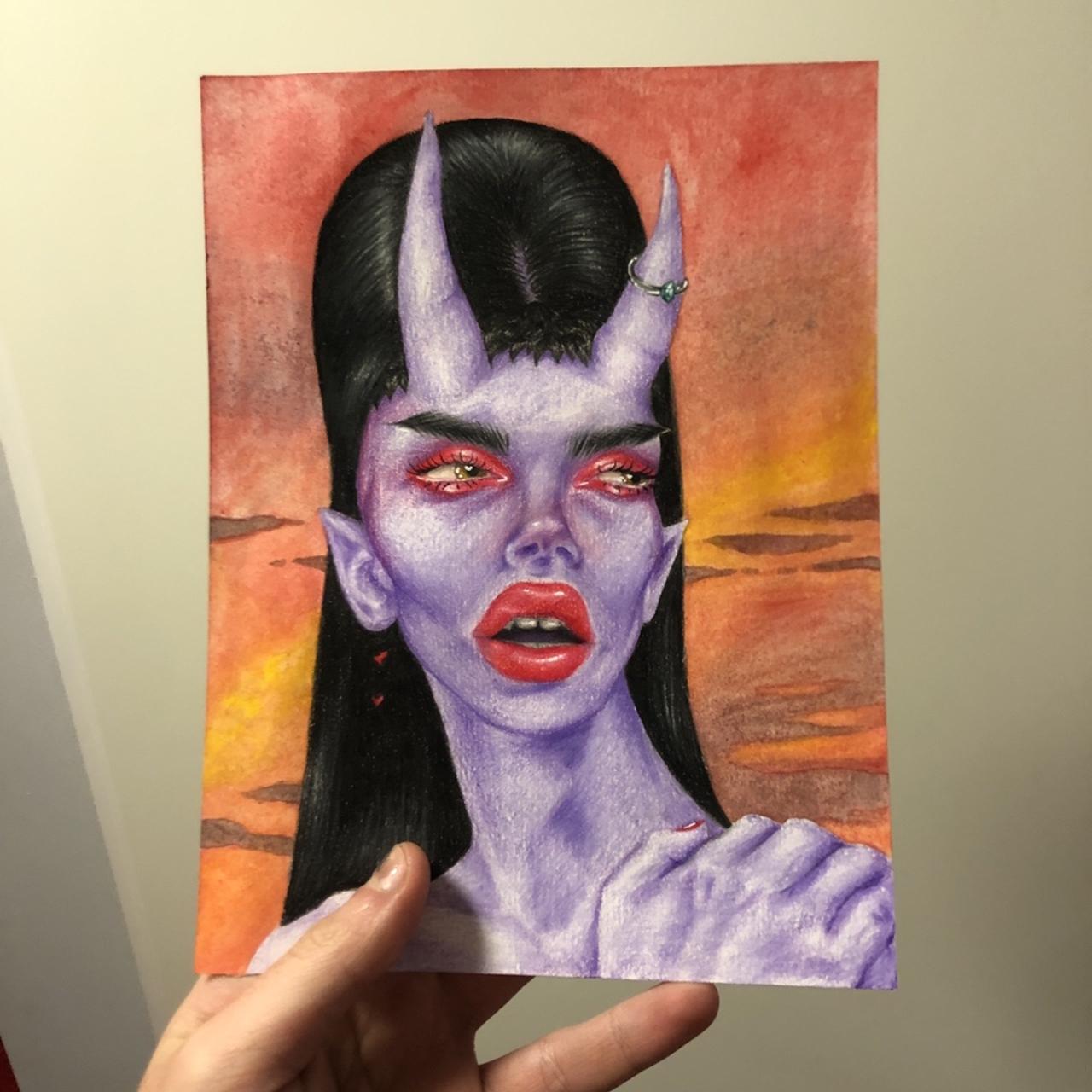 devil girl portrait, coloured pencil and watercolour... - Depop