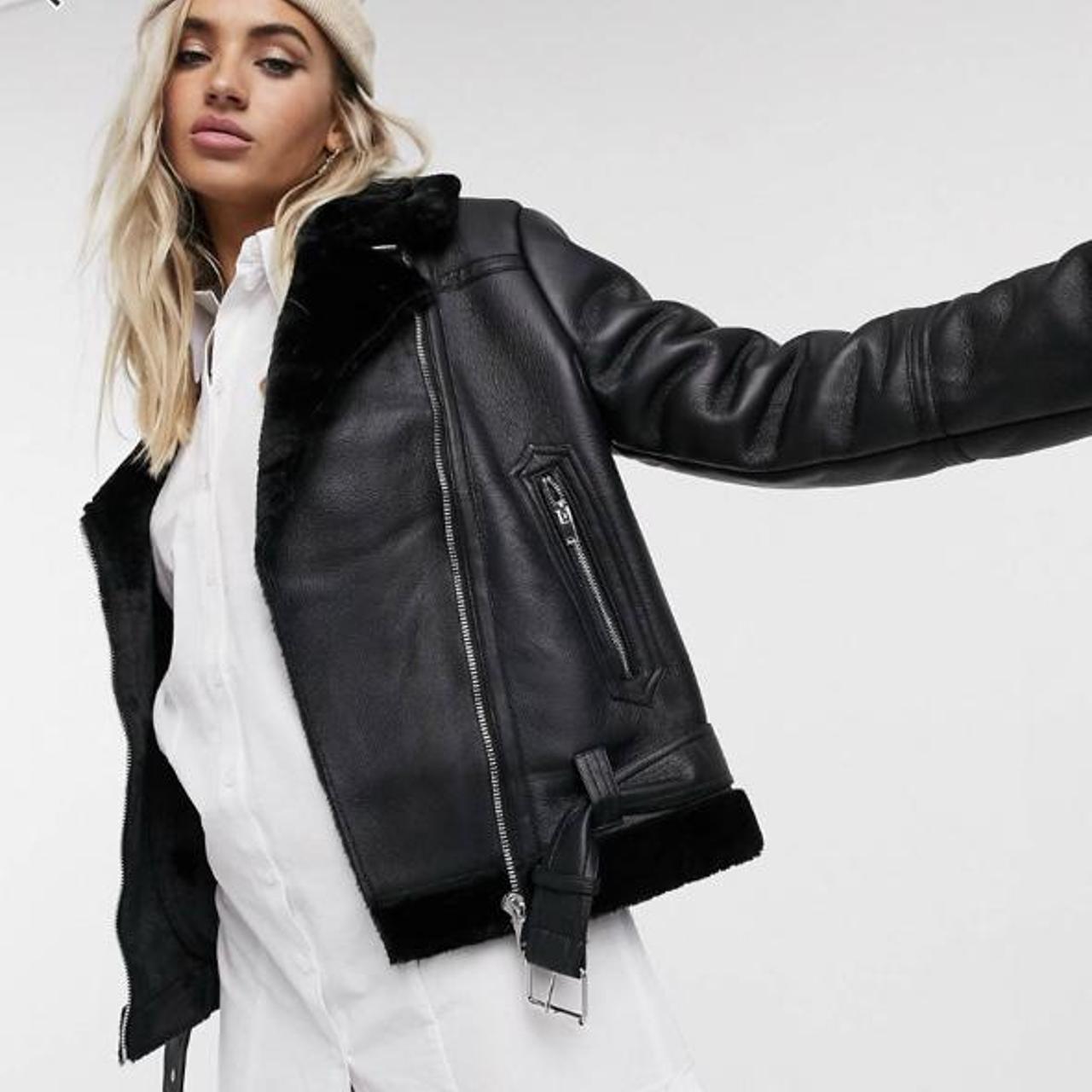 Topshop Petite faux leather shearling aviator biker jacket in off-white