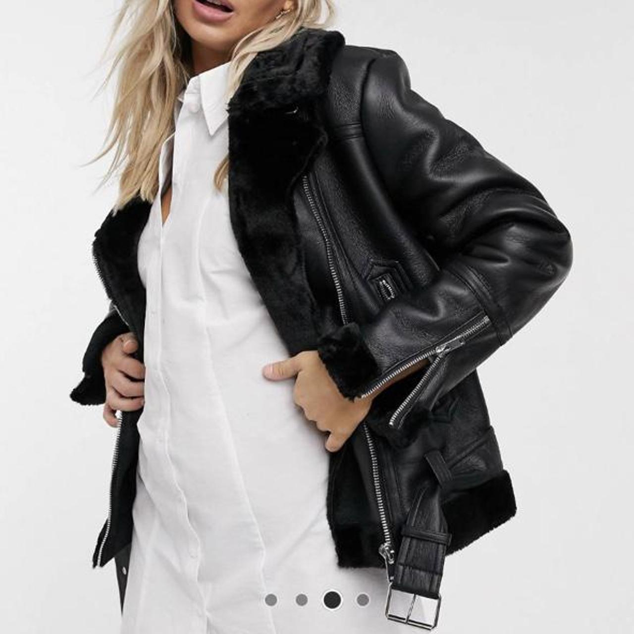 Topshop Petite faux leather aviator jacket in black