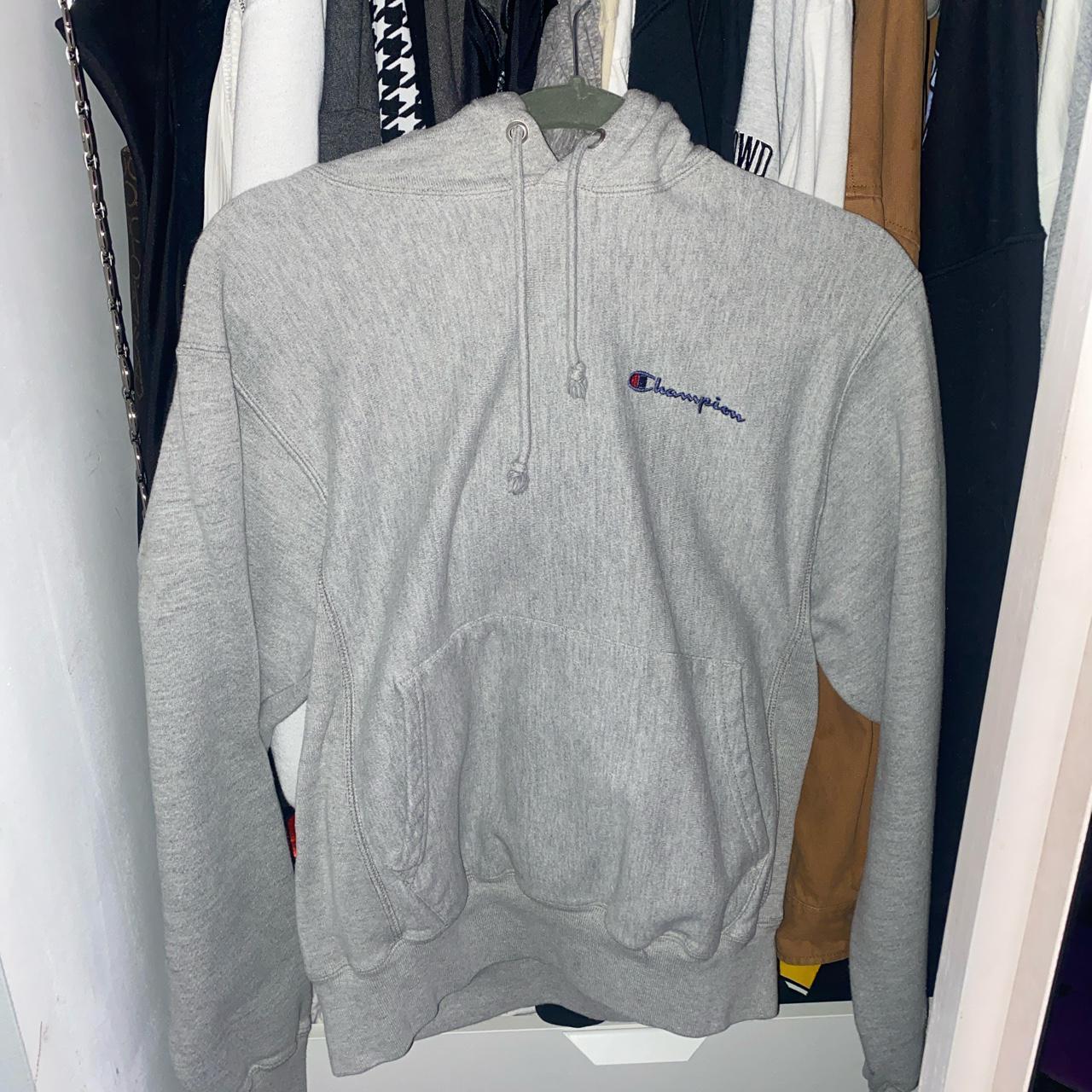 vintage gray champion hoodie mens small pretty thick - Depop