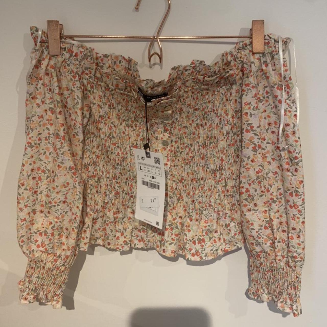 Zara off shoulder floral ruched top with cuff... Depop